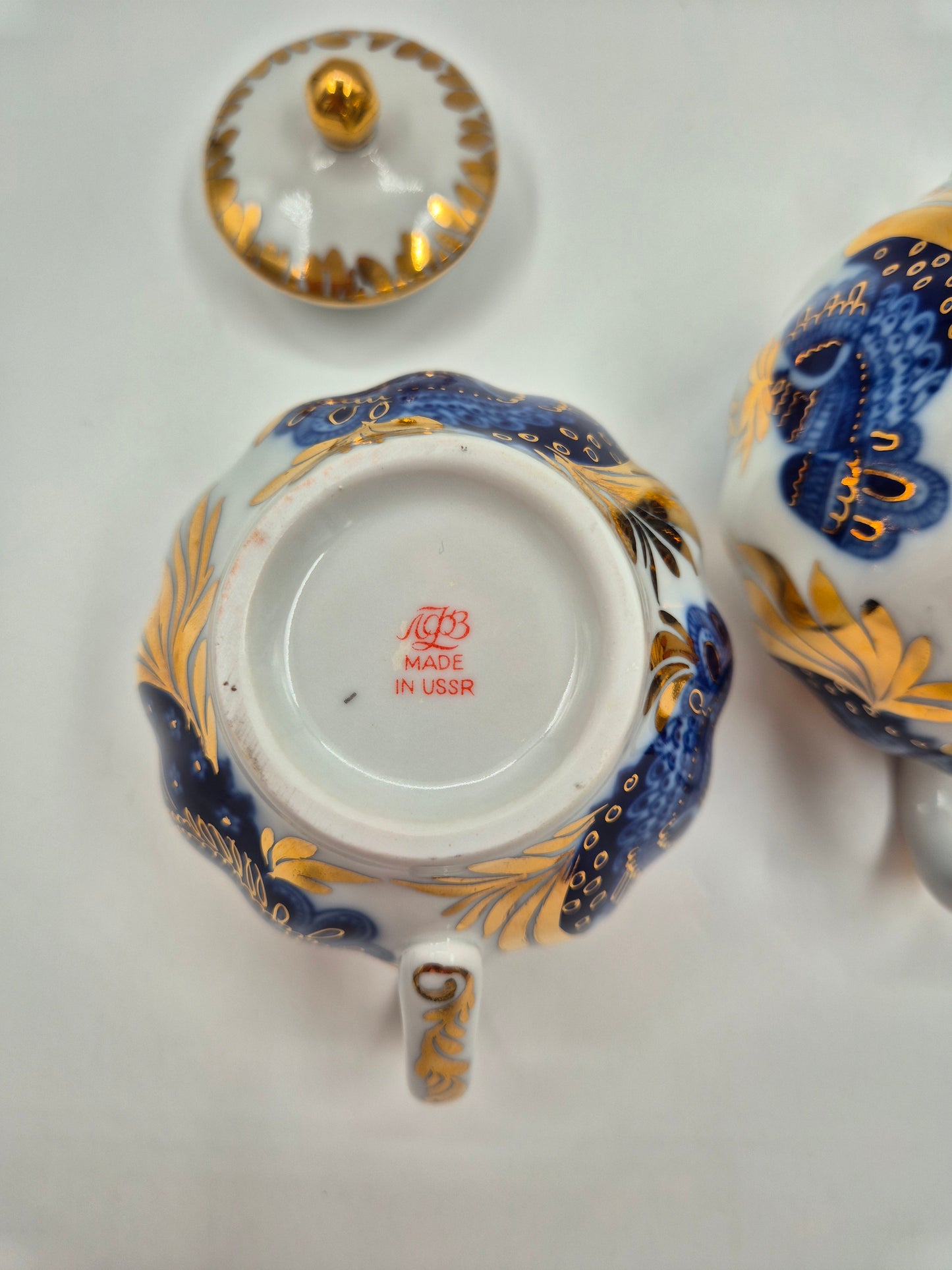 LFZ USSR Porcelain Vintage Lomonosov Golden Garden Sugar Bowl & Creamer