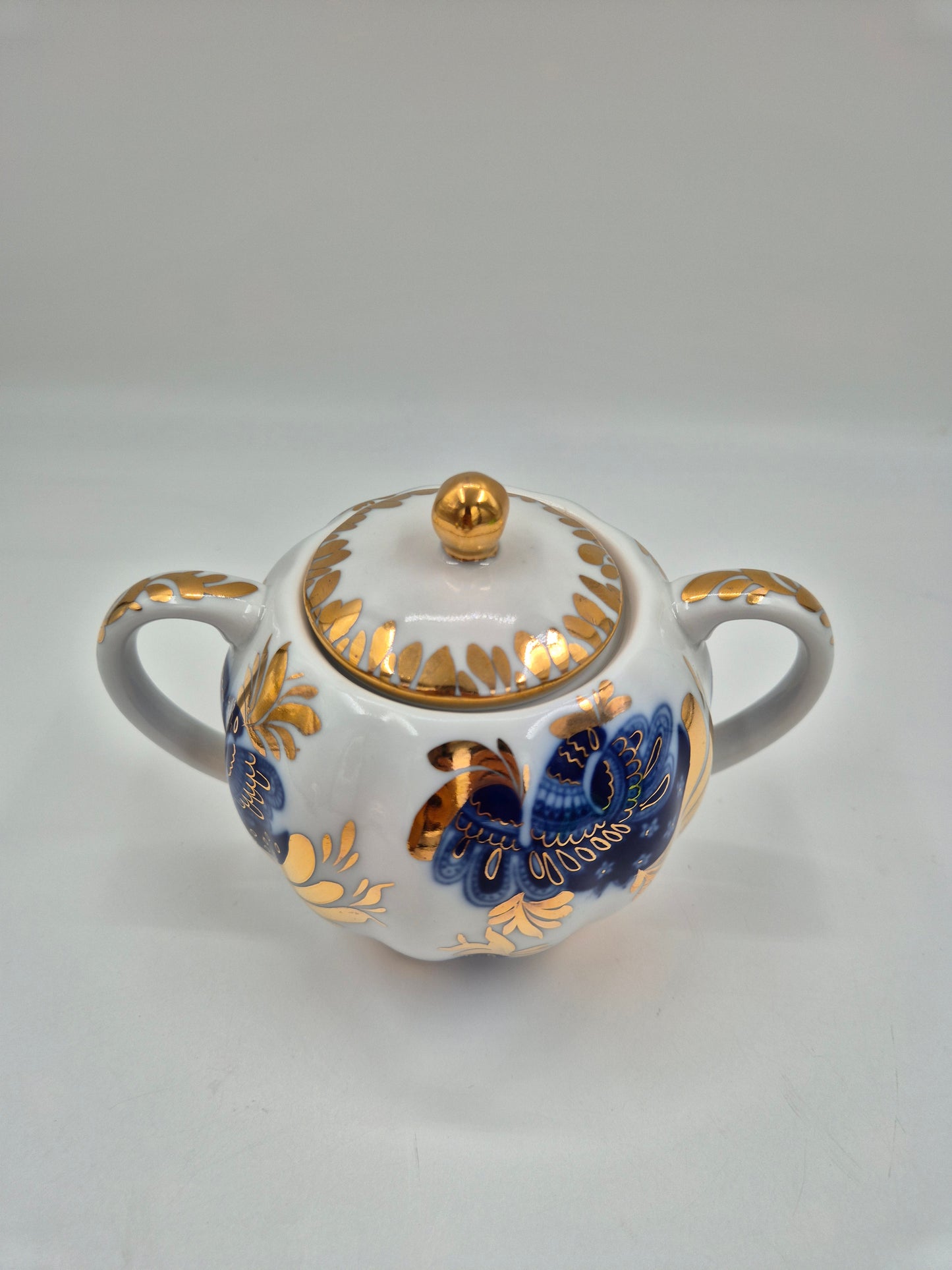 LFZ USSR Porcelain Vintage Lomonosov Golden Garden Sugar Bowl & Creamer