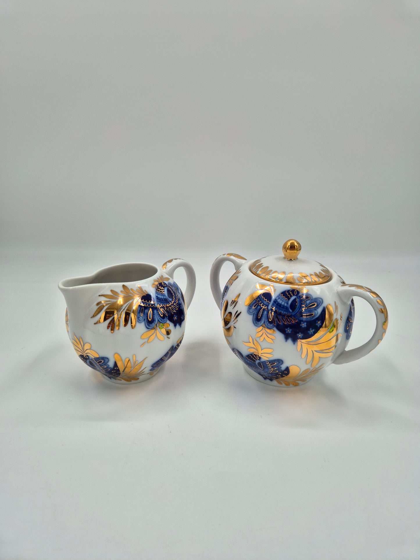 LFZ USSR Porcelain Vintage Lomonosov Golden Garden Sugar Bowl & Creamer