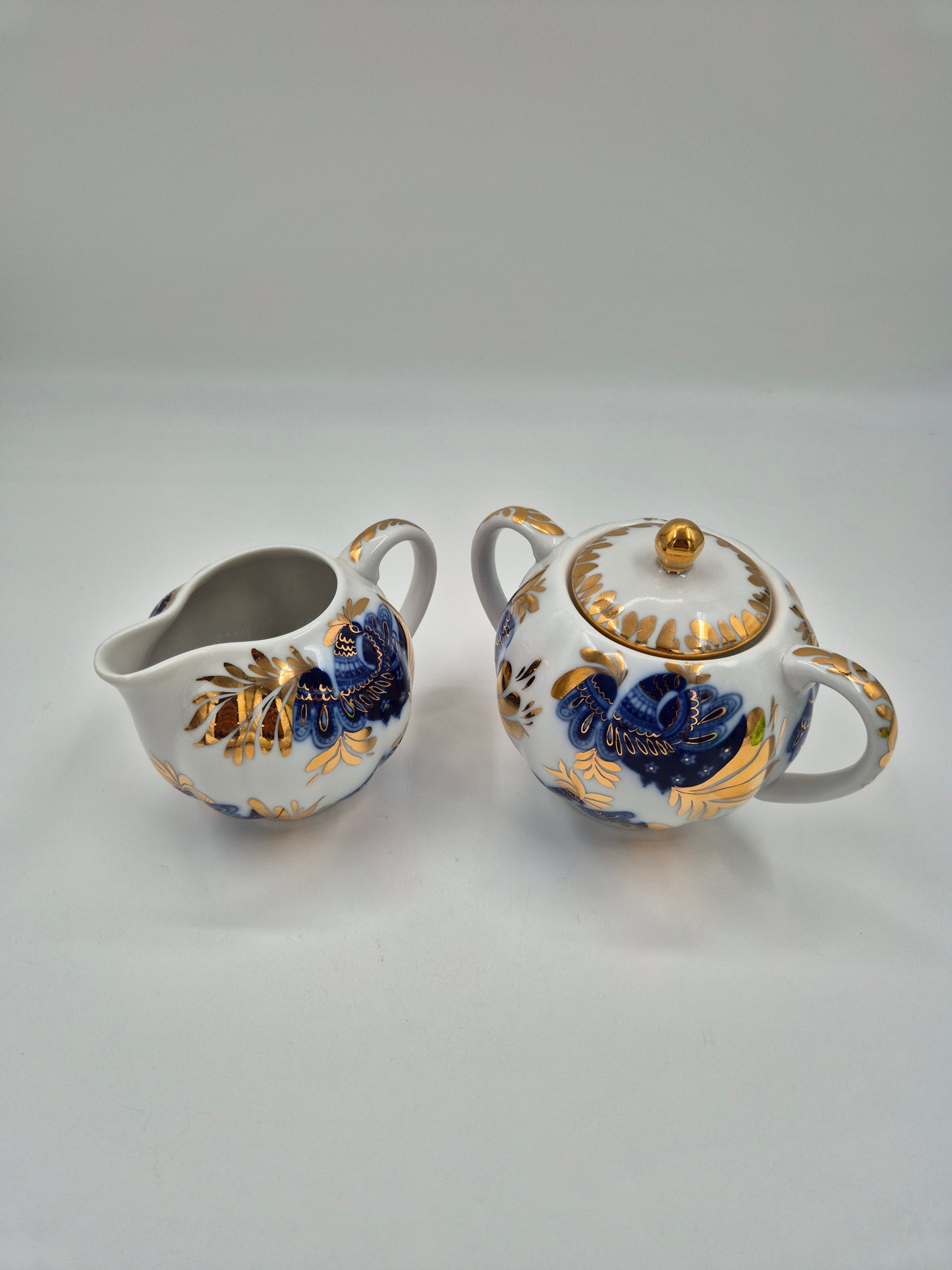 LFZ USSR Porcelain Vintage Lomonosov Golden Garden Sugar Bowl & Creamer