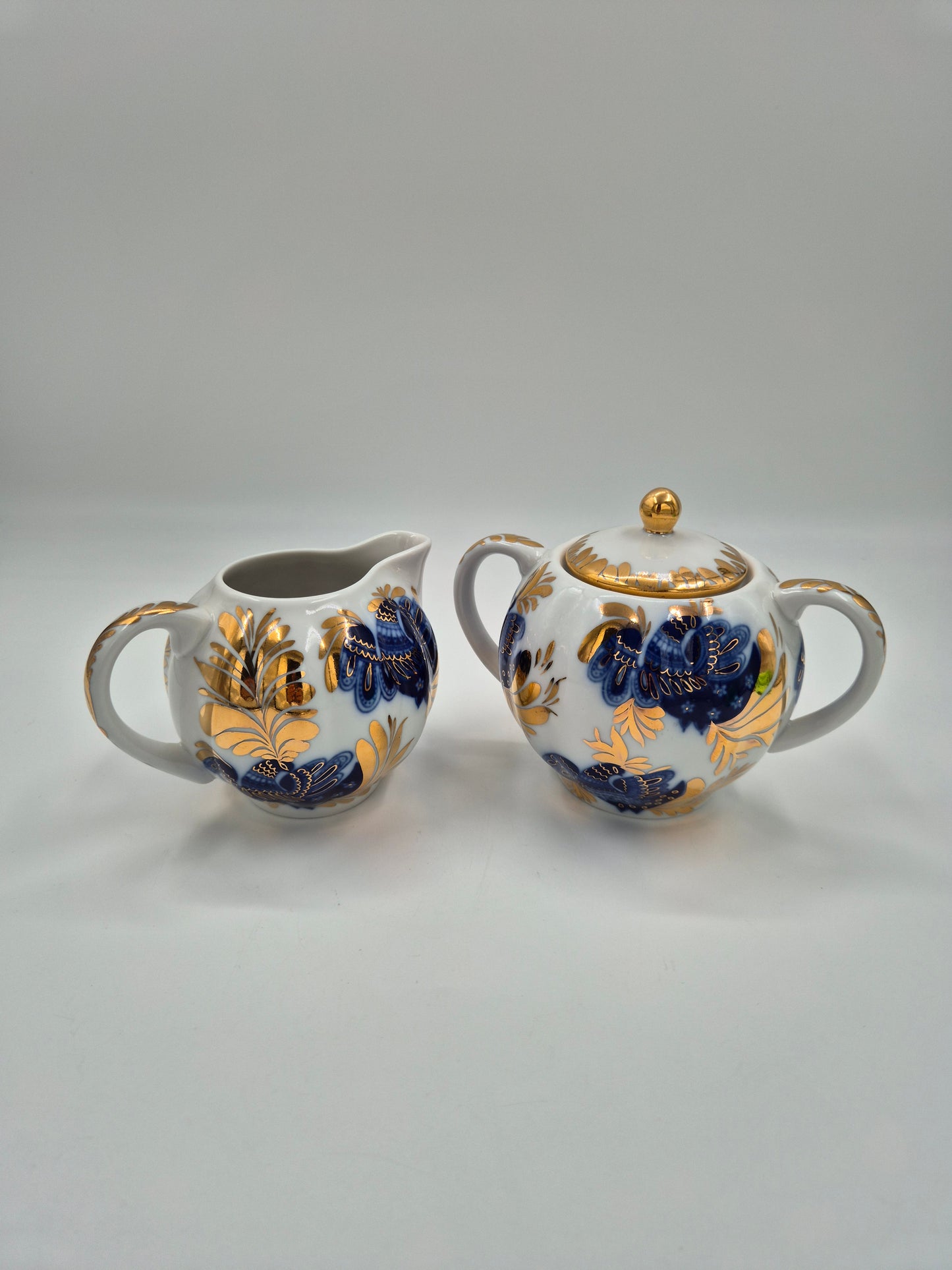 LFZ USSR Porcelain Vintage Lomonosov Golden Garden Sugar Bowl & Creamer