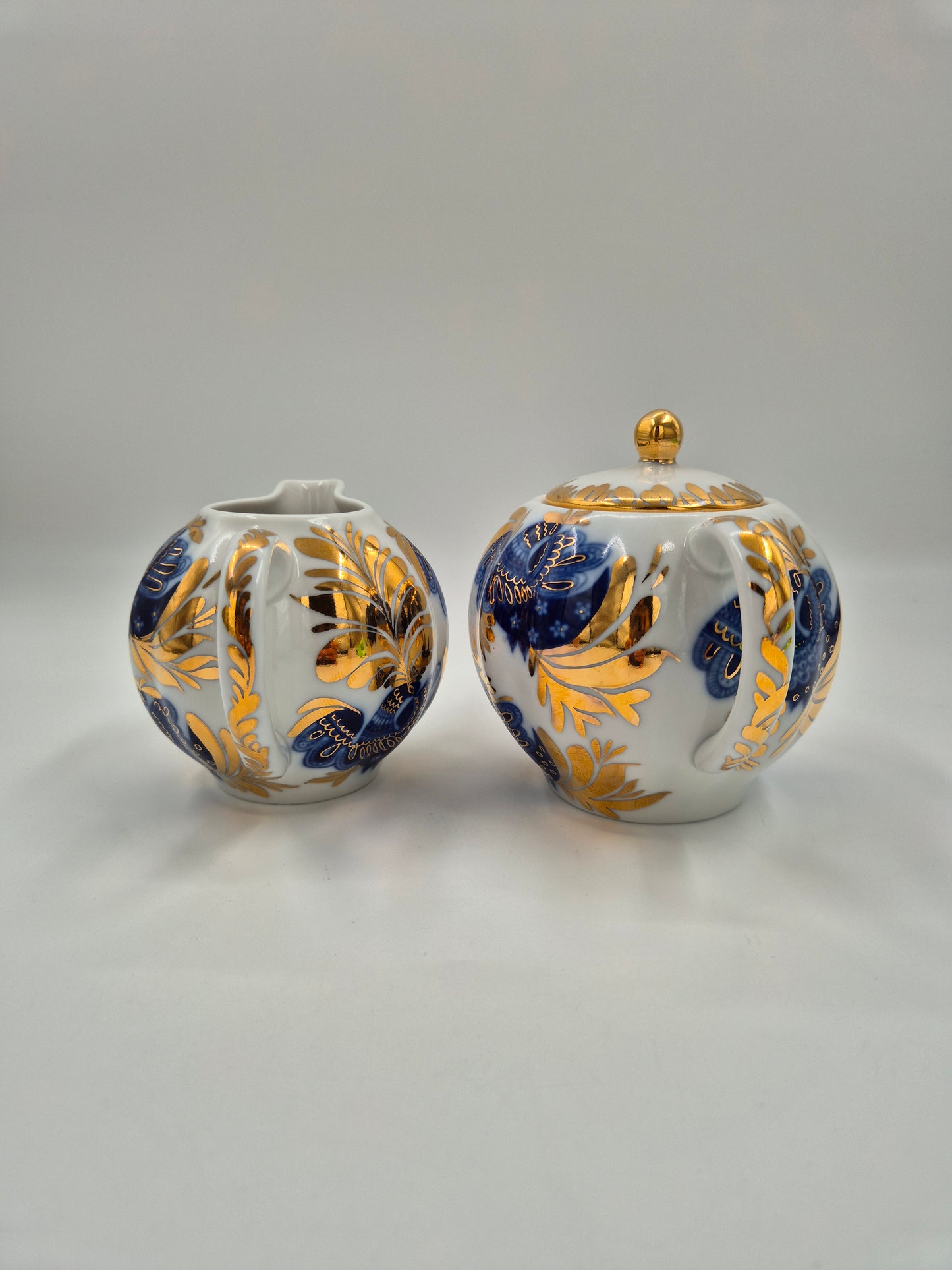 LFZ USSR Porcelain Vintage Lomonosov Golden Garden Sugar Bowl & Creamer