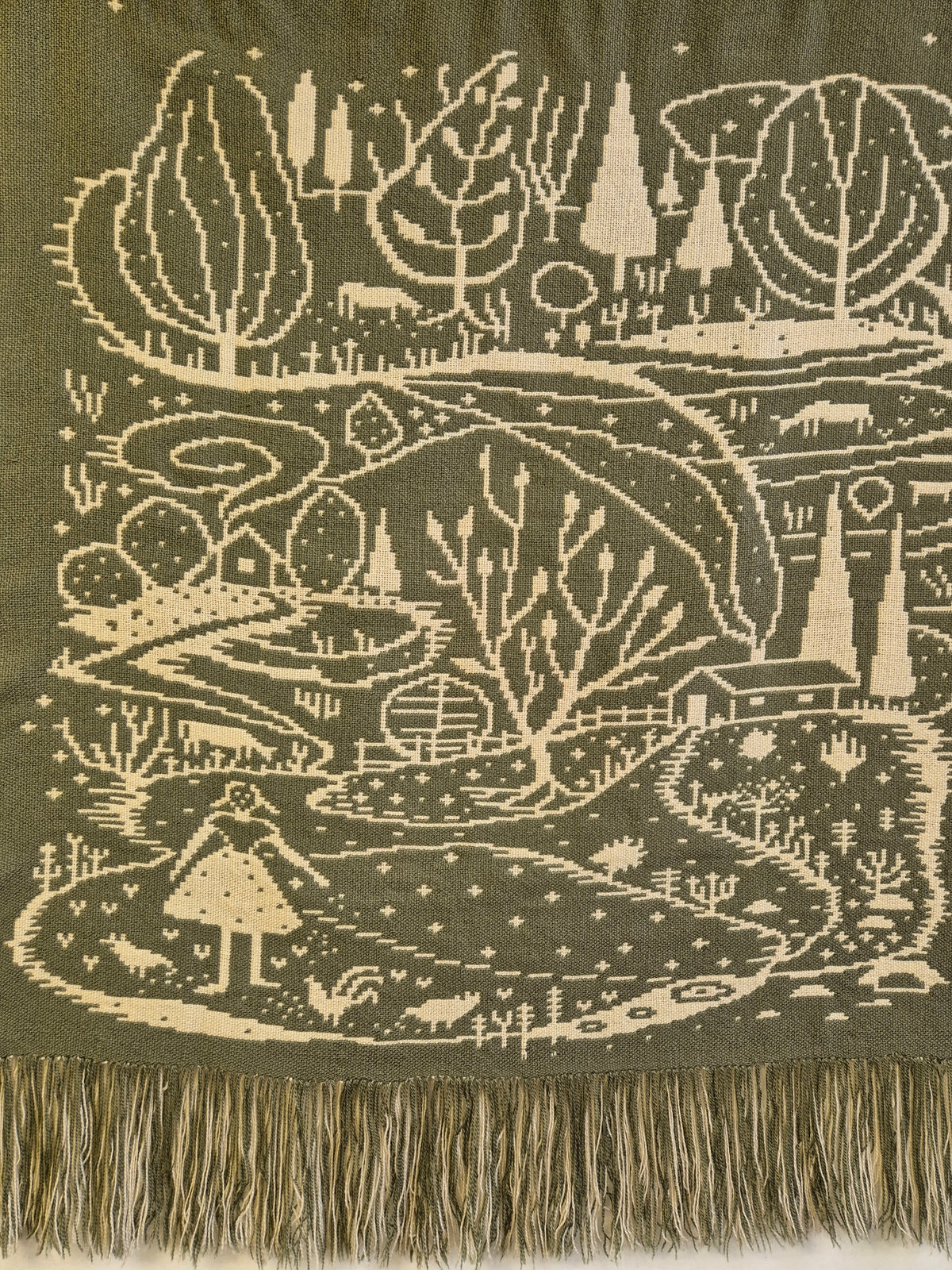 Vintage Finnish Wool Wall Hanging, Forest Landscape & Girl Motif, Green & White Woven Textile