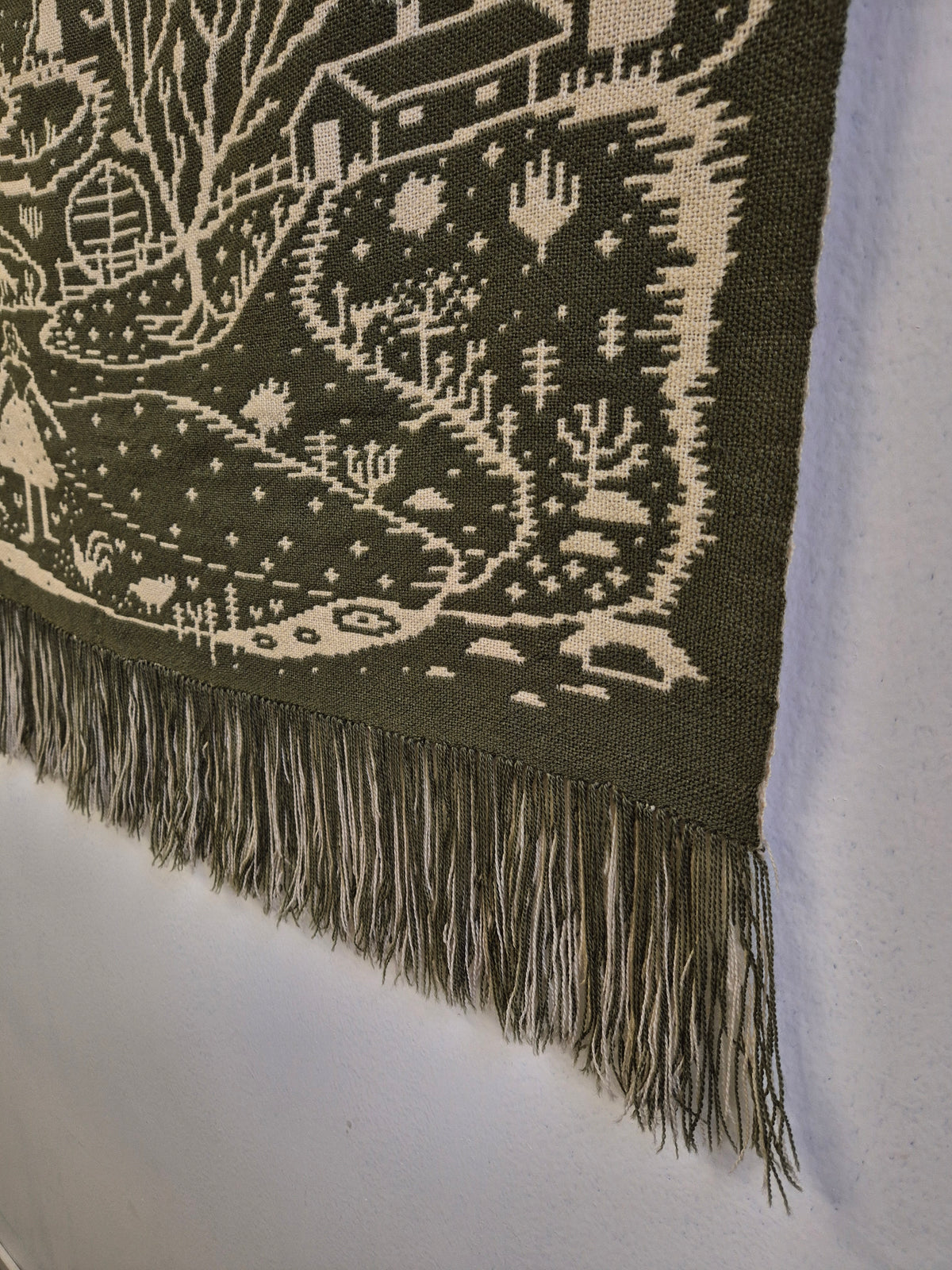 Vintage Finnish Wool Wall Hanging, Forest Landscape & Girl Motif, Green & White Woven Textile