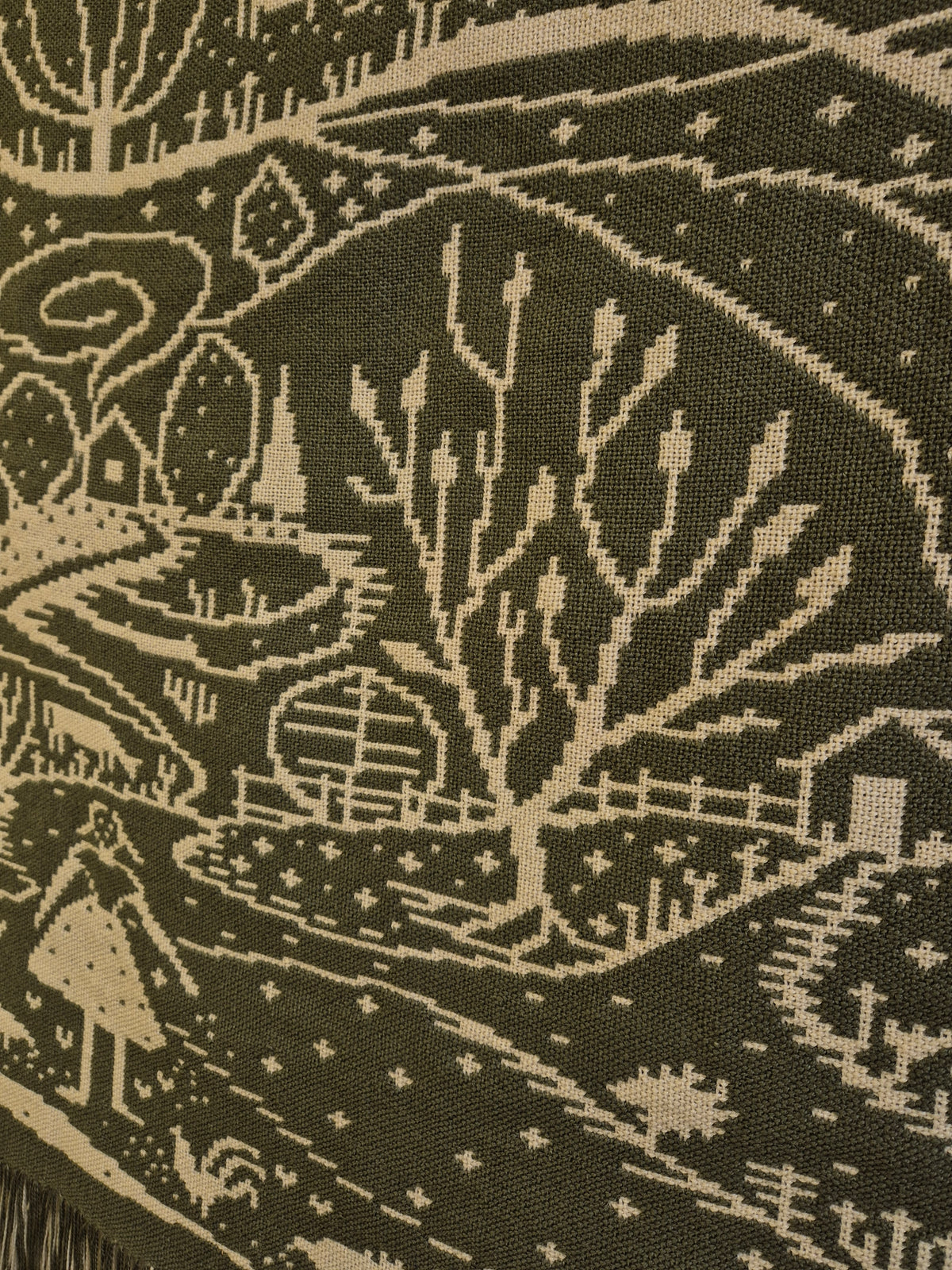 Vintage Finnish Wool Wall Hanging, Forest Landscape & Girl Motif, Green & White Woven Textile