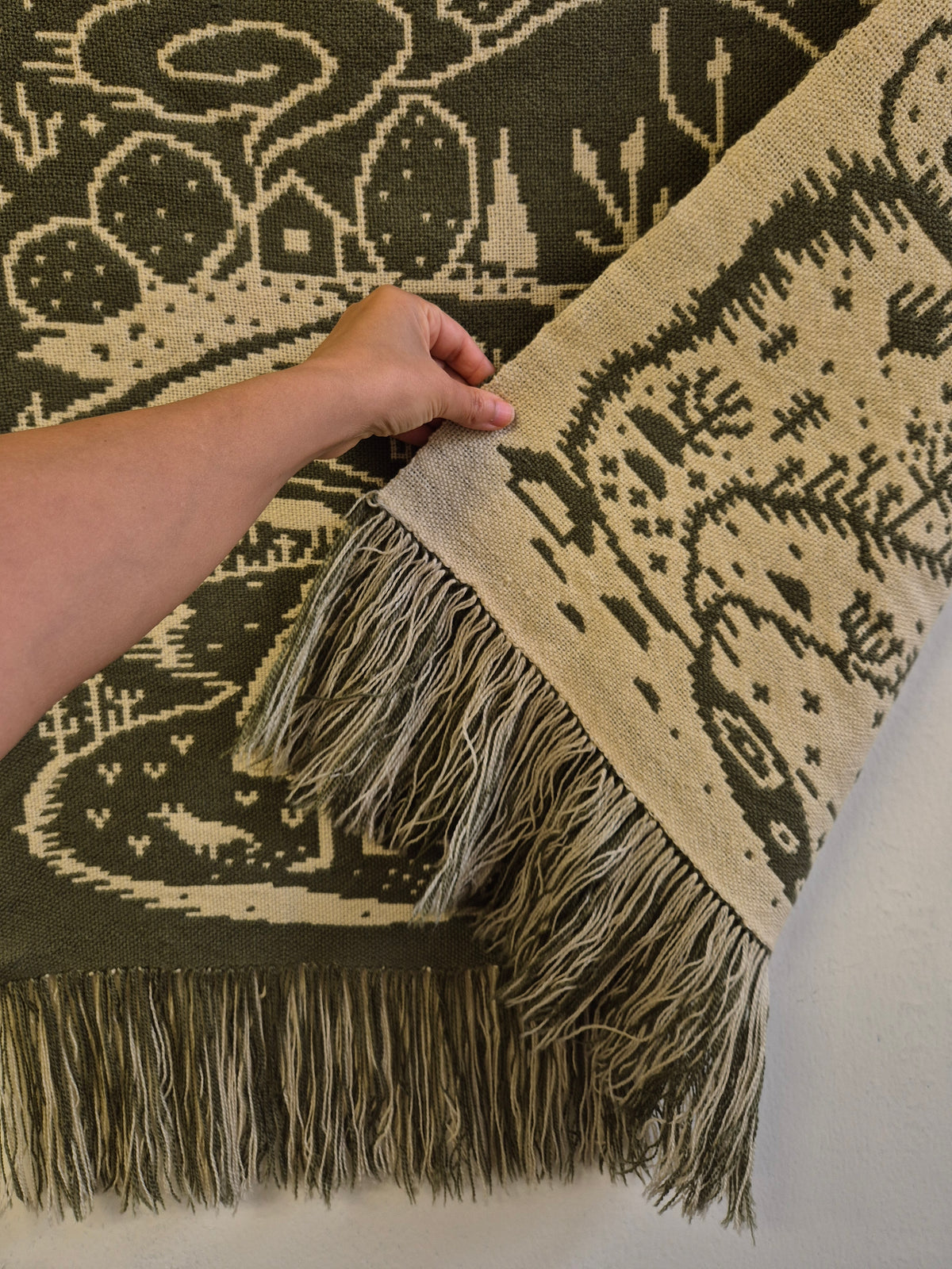Vintage Finnish Wool Wall Hanging, Forest Landscape & Girl Motif, Green & White Woven Textile