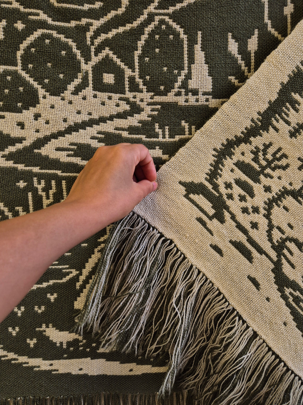 Vintage Finnish Wool Wall Hanging, Forest Landscape & Girl Motif, Green & White Woven Textile