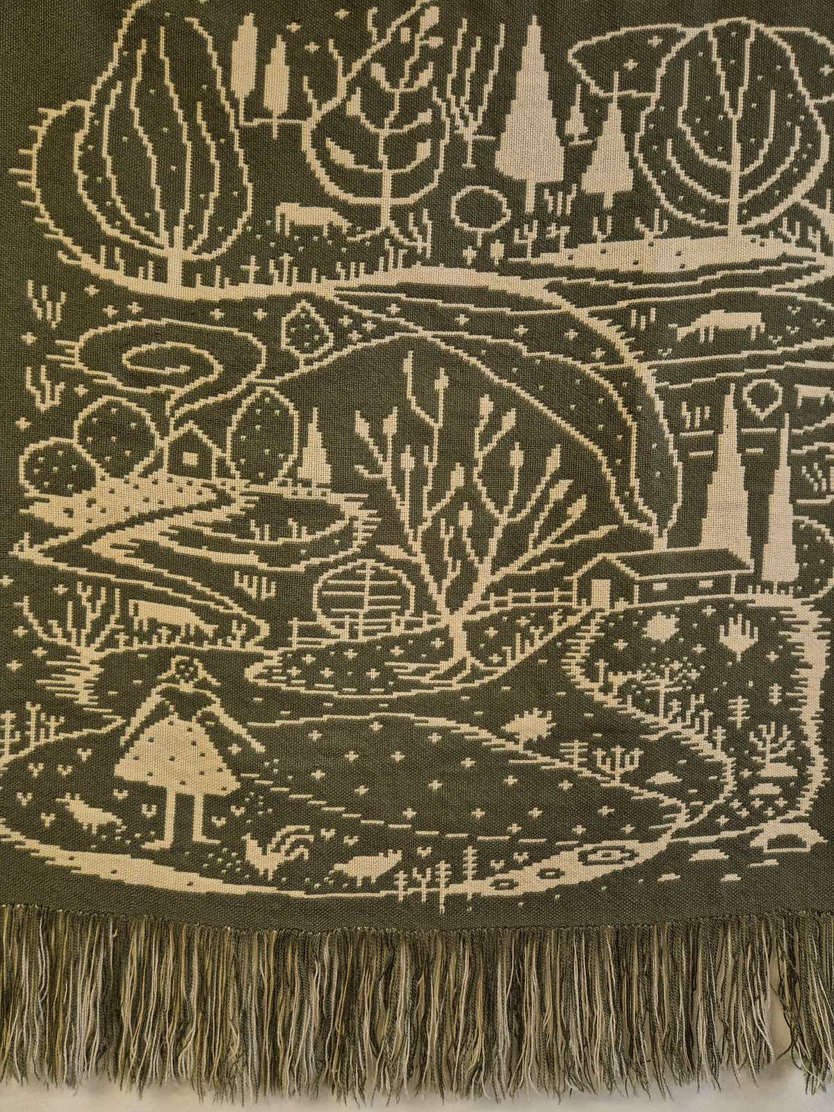 Vintage Finnish Wool Wall Hanging, Forest Landscape & Girl Motif, Green & White Woven Textile
