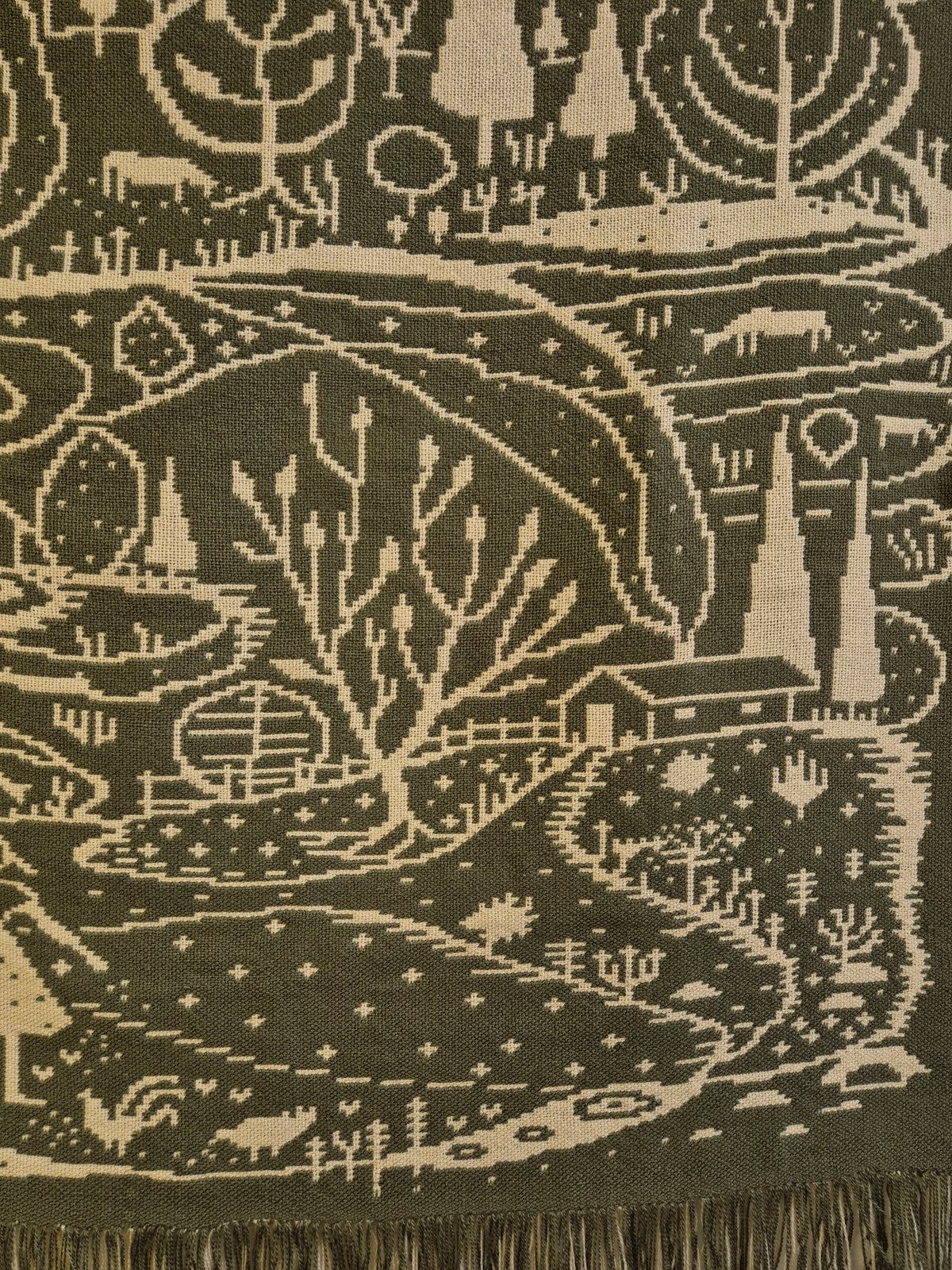 Vintage Finnish Wool Wall Hanging, Forest Landscape & Girl Motif, Green & White Woven Textile