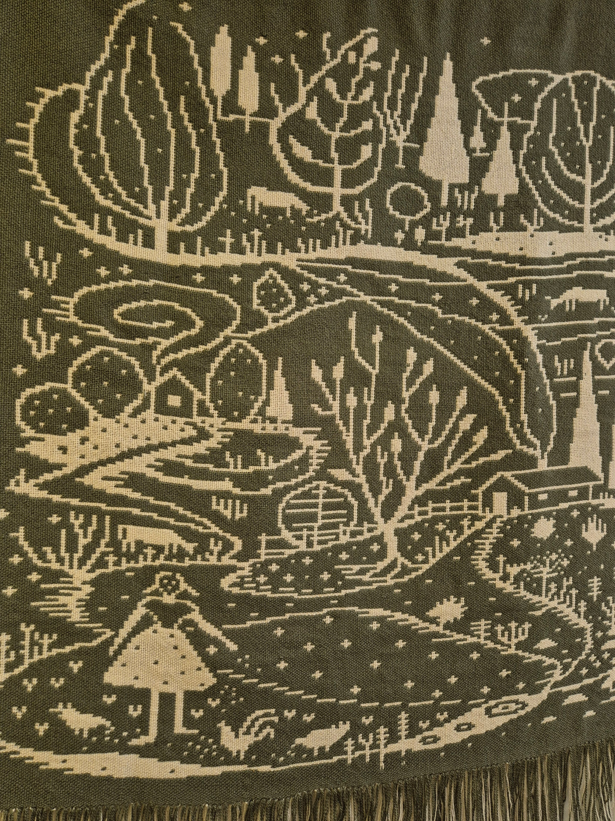 Vintage Finnish Wool Wall Hanging, Forest Landscape & Girl Motif, Green & White Woven Textile