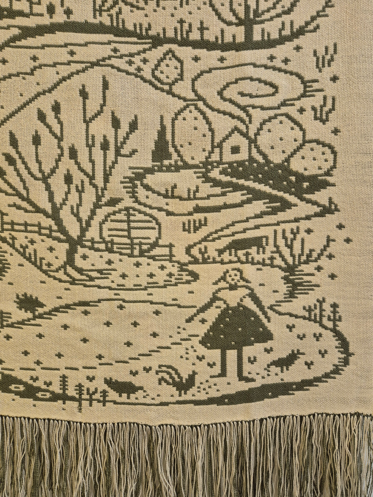 Vintage Finnish Wool Wall Hanging, Forest Landscape & Girl Motif, Green & White Woven Textile
