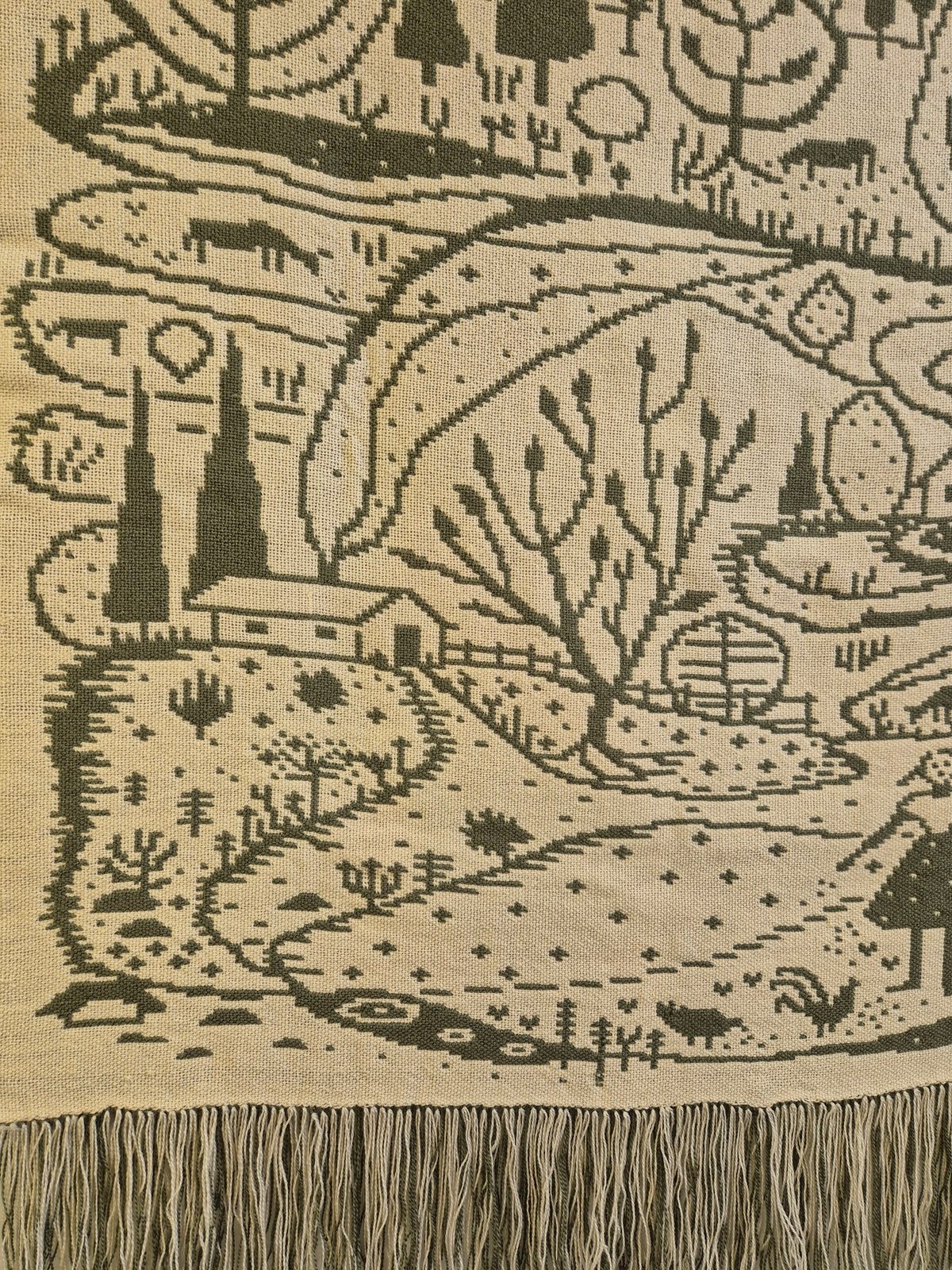 Vintage Finnish Wool Wall Hanging, Forest Landscape & Girl Motif, Green & White Woven Textile