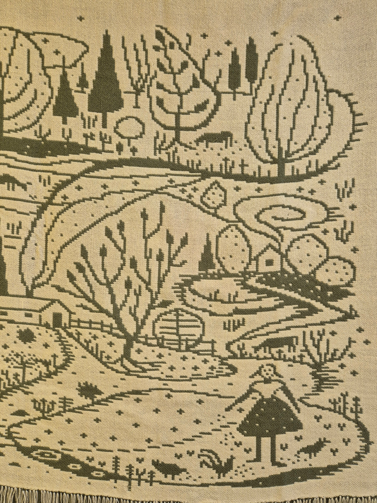 Vintage Finnish Wool Wall Hanging, Forest Landscape & Girl Motif, Green & White Woven Textile