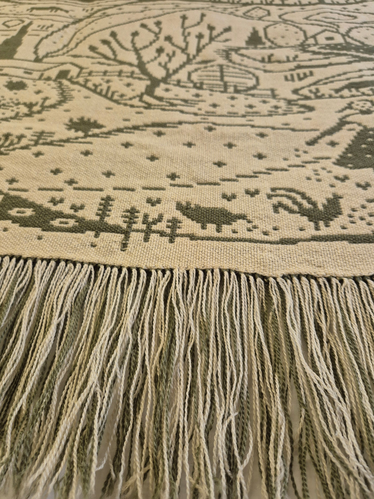 Vintage Finnish Wool Wall Hanging, Forest Landscape & Girl Motif, Green & White Woven Textile