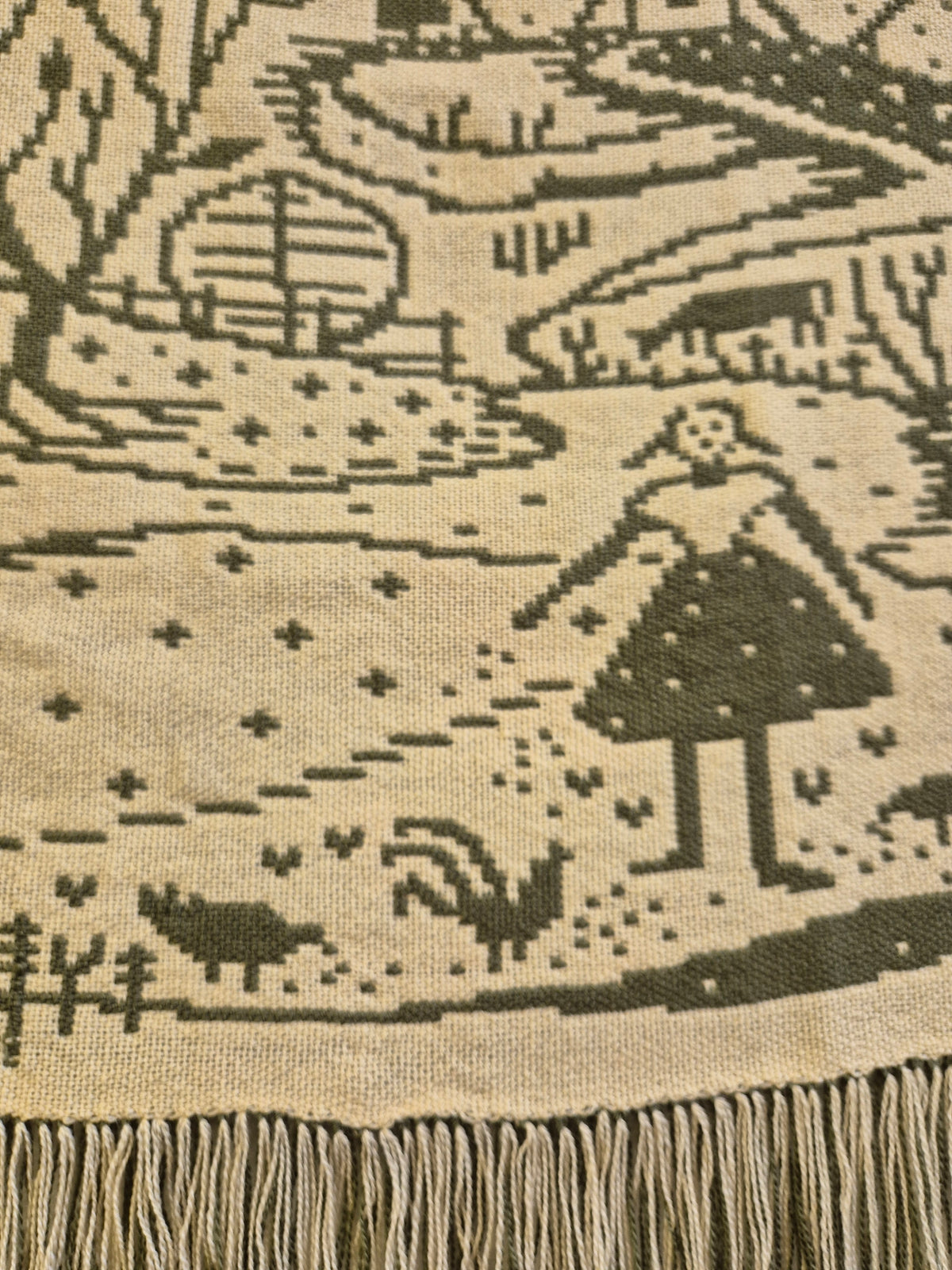 Vintage Finnish Wool Wall Hanging, Forest Landscape & Girl Motif, Green & White Woven Textile