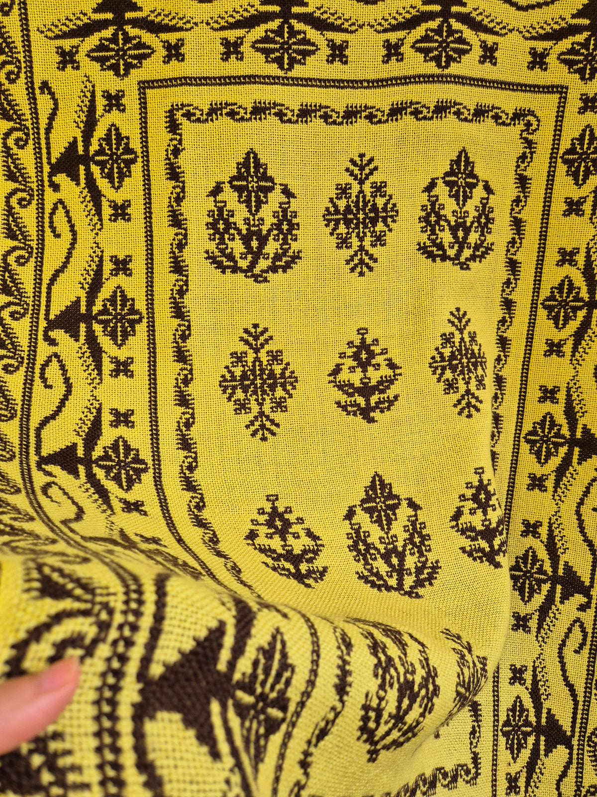 Vintage Finnish Täkänä Wall Hanging, Reversible Brown & Lime Green Double-Weave Tapestry, Nordic Folk Art Textile, 100 x 73 cm