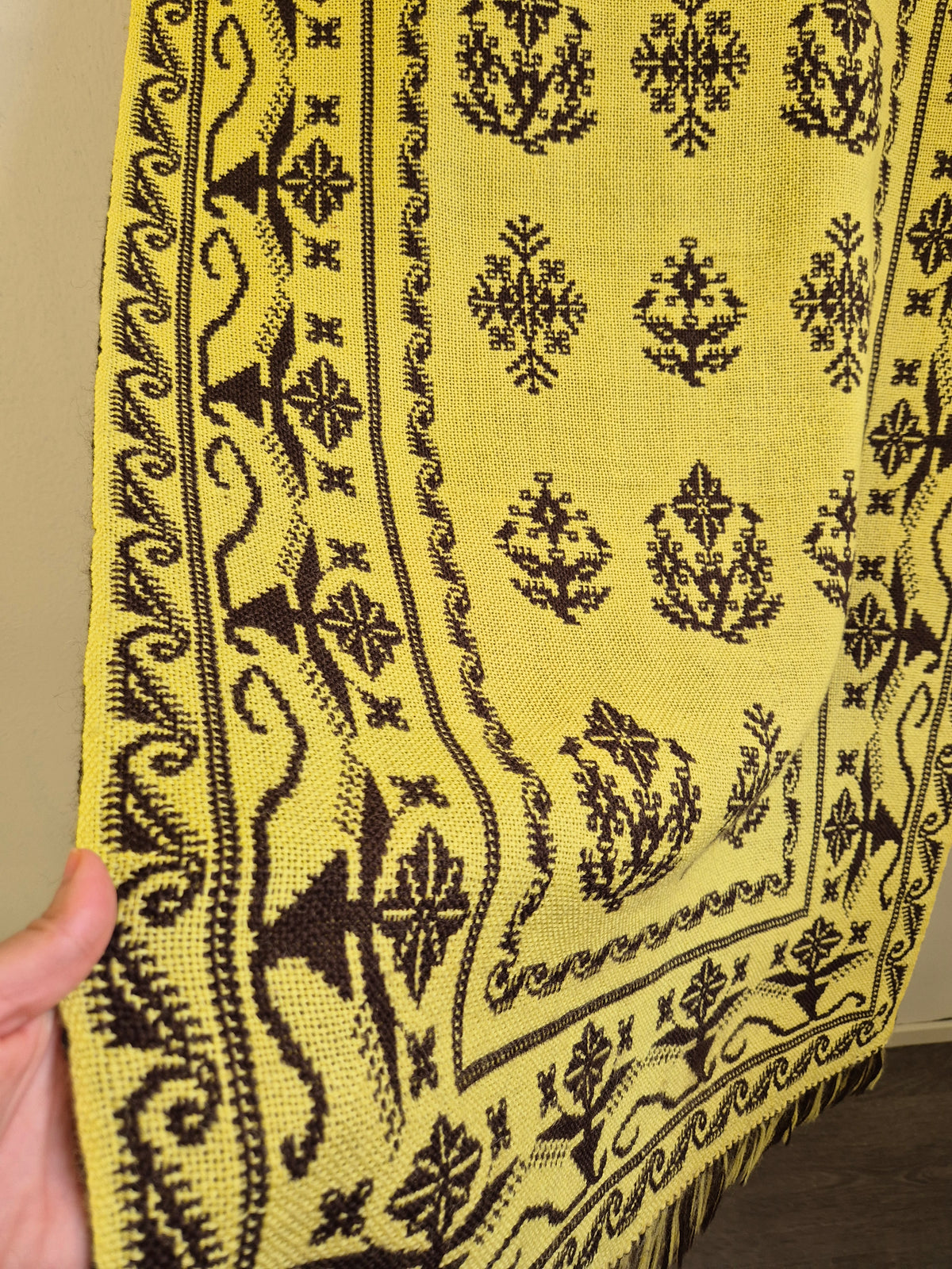 Vintage Finnish Täkänä Wall Hanging, Reversible Brown & Lime Green Double-Weave Tapestry, Nordic Folk Art Textile, 100 x 73 cm