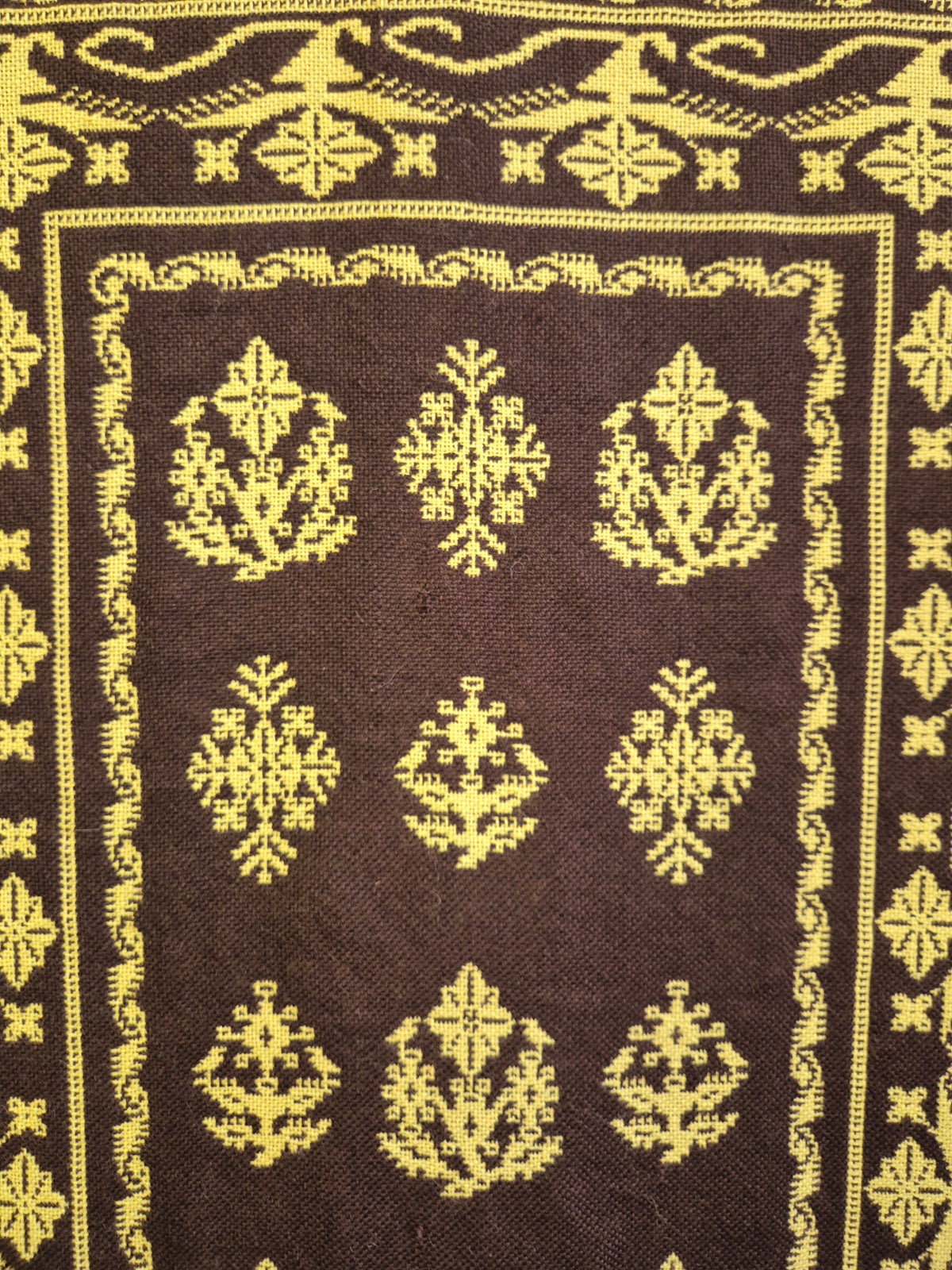 Vintage Finnish Täkänä Wall Hanging, Reversible Brown & Lime Green Double-Weave Tapestry, Nordic Folk Art Textile, 100 x 73 cm