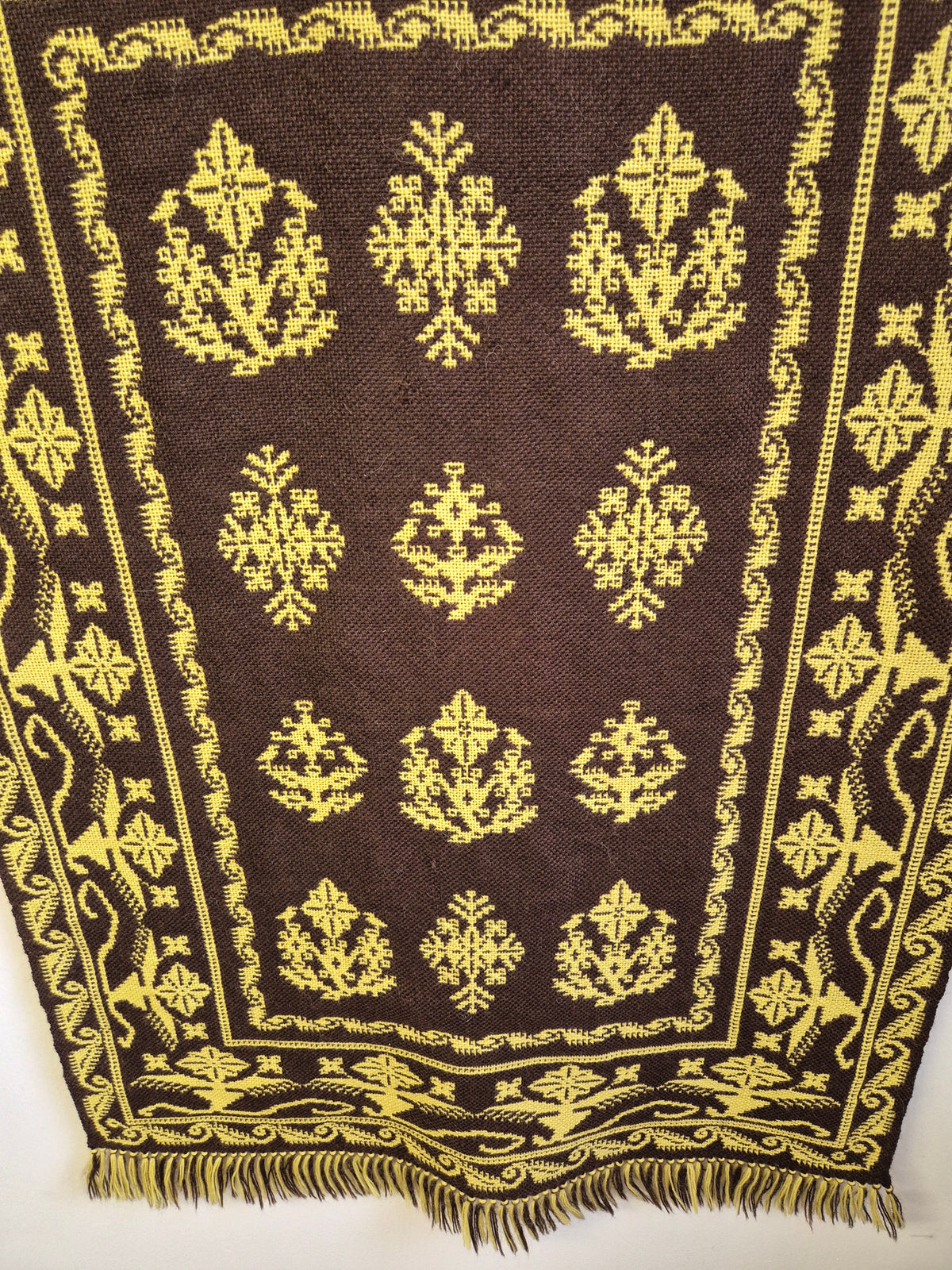 Vintage Finnish Täkänä Wall Hanging, Reversible Brown & Lime Green Double-Weave Tapestry, Nordic Folk Art Textile, 100 x 73 cm