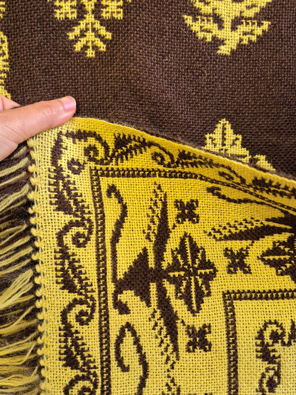 Vintage Finnish Täkänä Wall Hanging, Reversible Brown & Lime Green Double-Weave Tapestry, Nordic Folk Art Textile, 100 x 73 cm