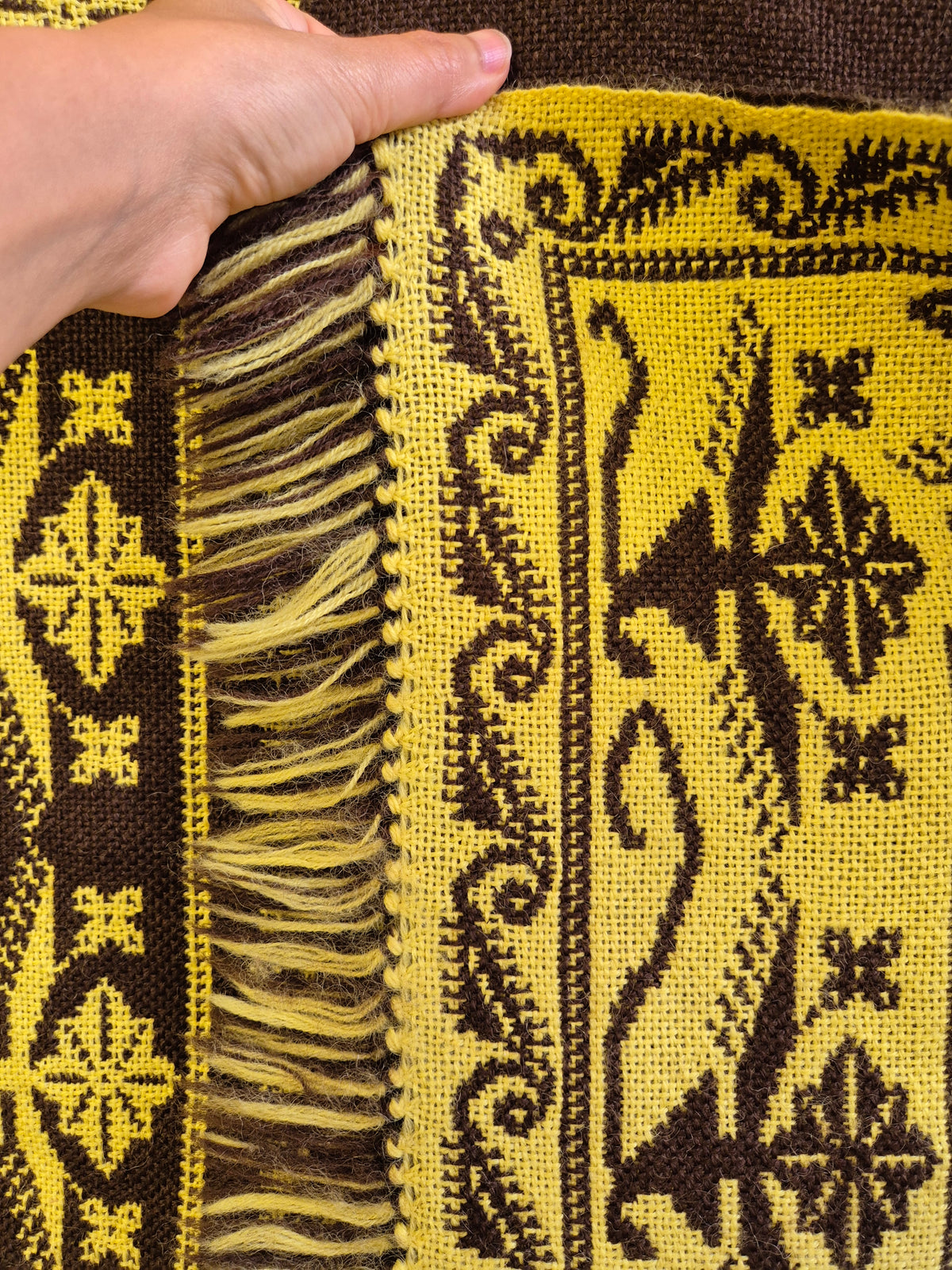 Vintage Finnish Täkänä Wall Hanging, Reversible Brown & Lime Green Double-Weave Tapestry, Nordic Folk Art Textile, 100 x 73 cm