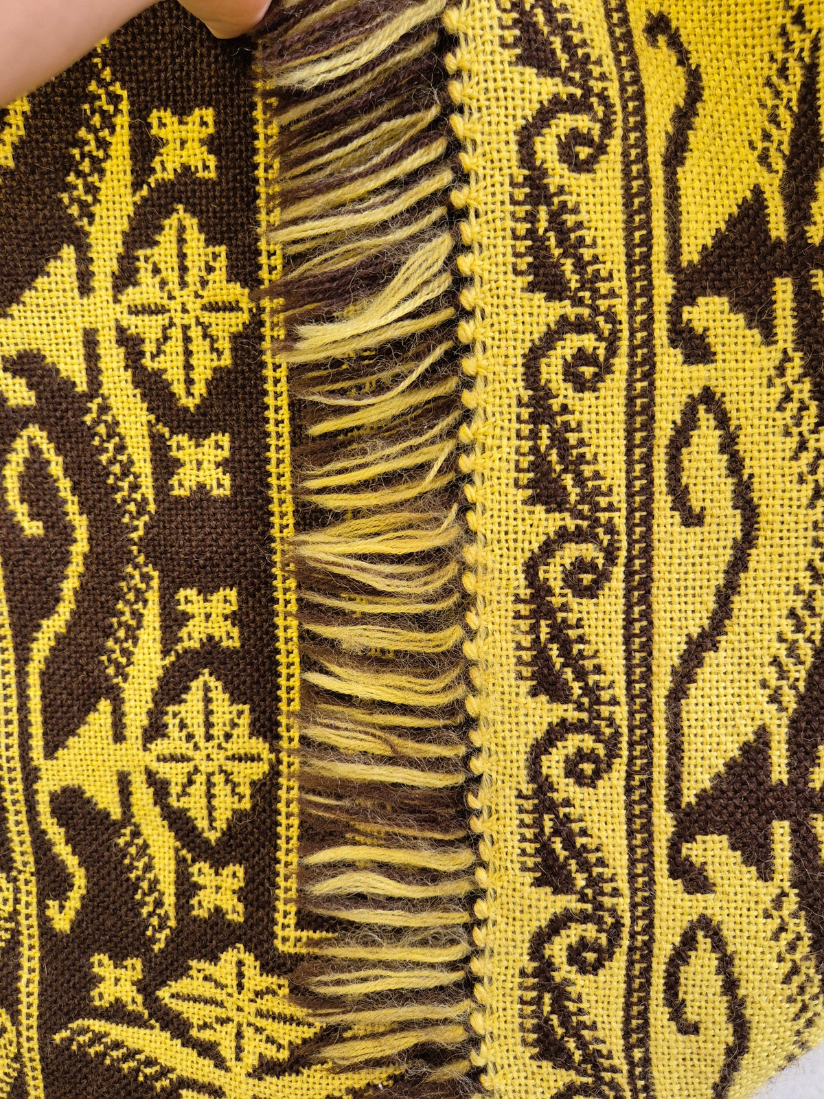 Vintage Finnish Täkänä Wall Hanging, Reversible Brown & Lime Green Double-Weave Tapestry, Nordic Folk Art Textile, 100 x 73 cm