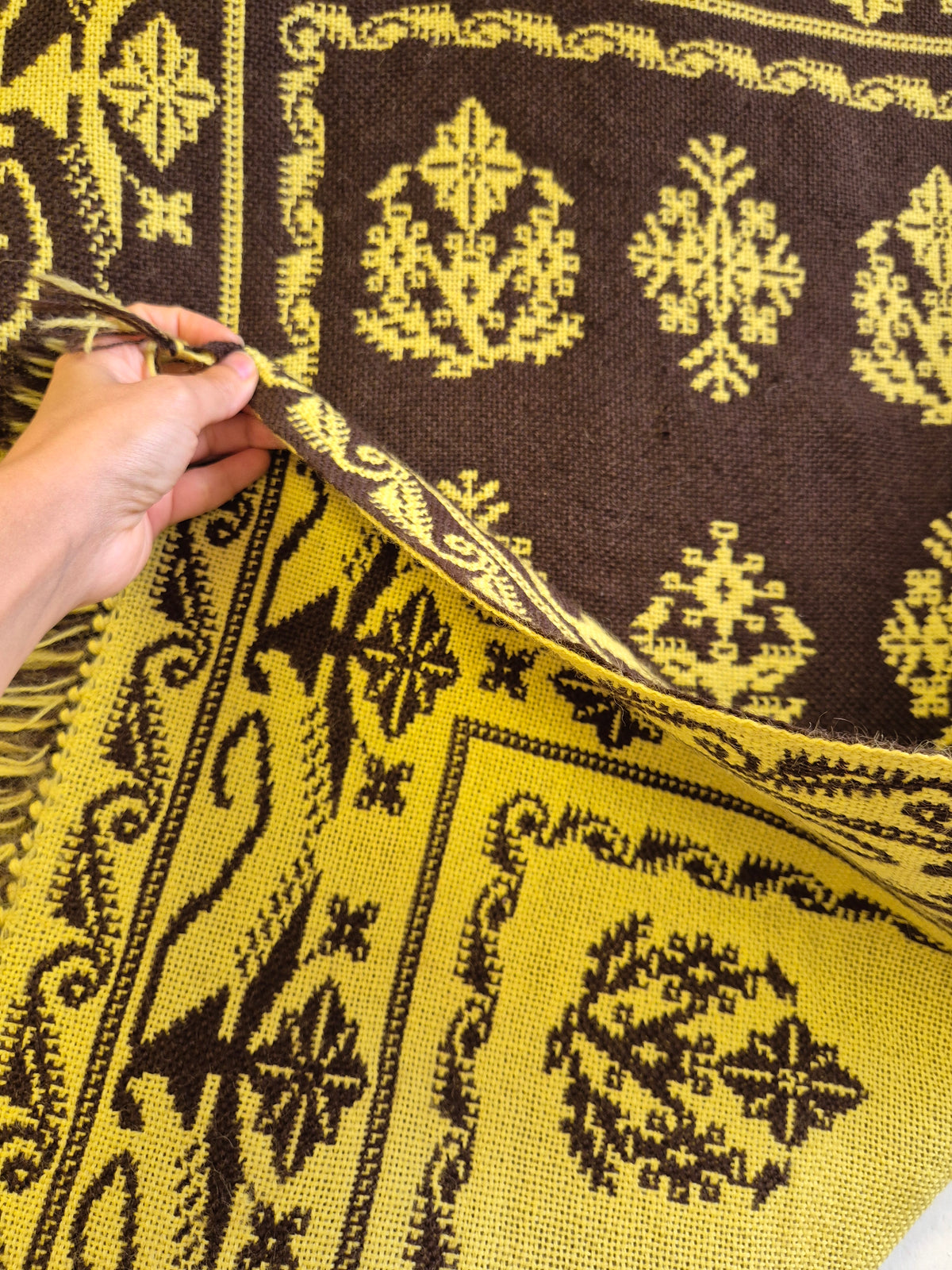 Vintage Finnish Täkänä Wall Hanging, Reversible Brown & Lime Green Double-Weave Tapestry, Nordic Folk Art Textile, 100 x 73 cm