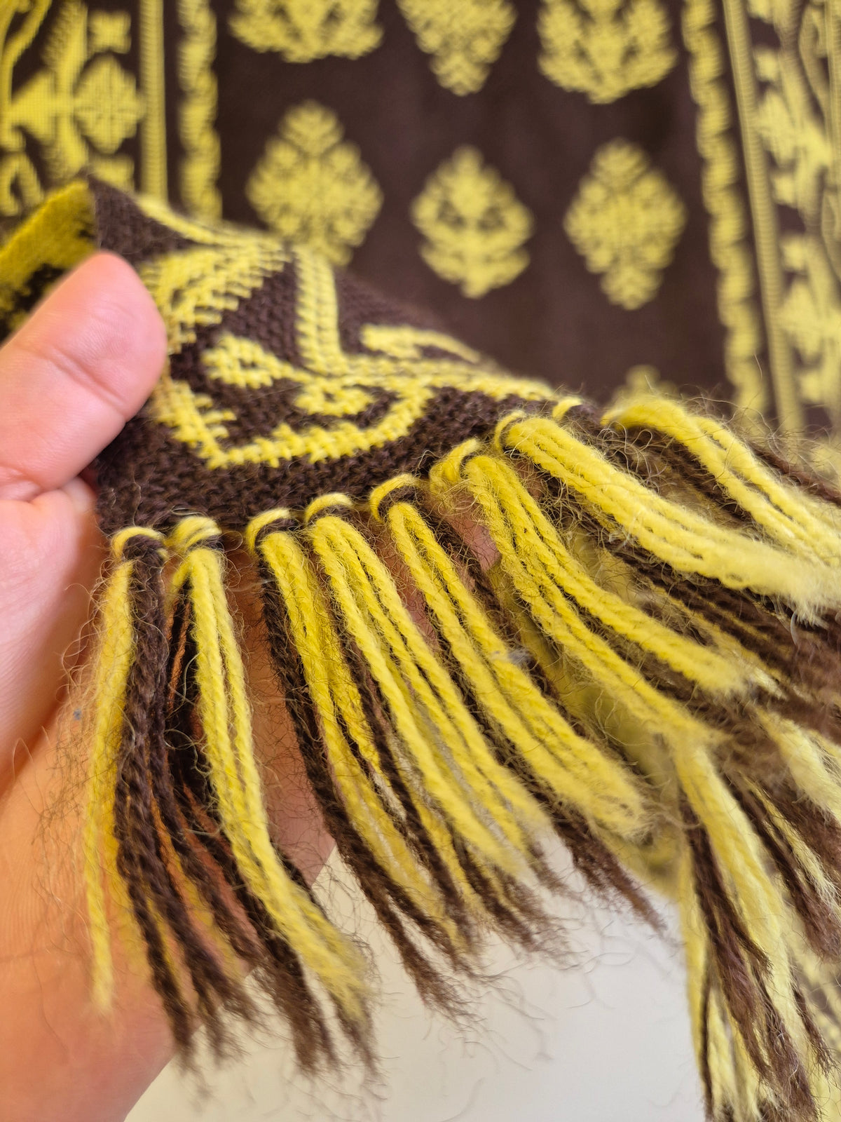 Vintage Finnish Täkänä Wall Hanging, Reversible Brown & Lime Green Double-Weave Tapestry, Nordic Folk Art Textile, 100 x 73 cm