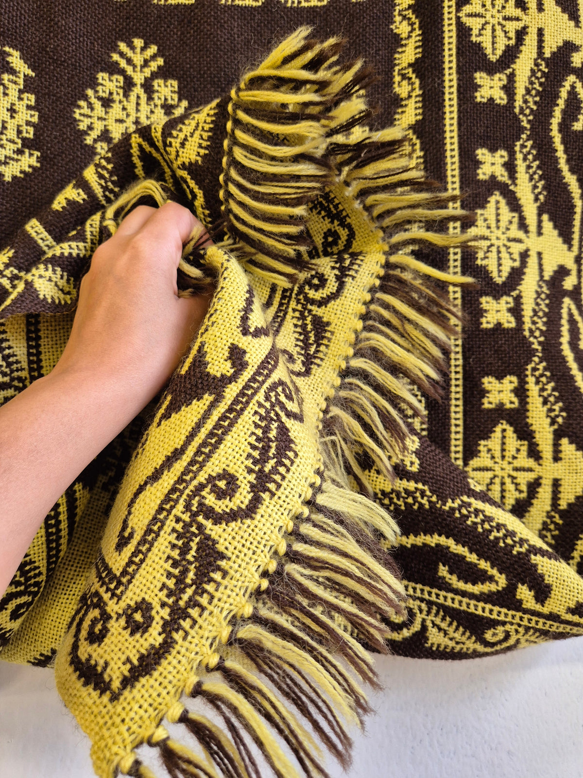 Vintage Finnish Täkänä Wall Hanging, Reversible Brown & Lime Green Double-Weave Tapestry, Nordic Folk Art Textile, 100 x 73 cm