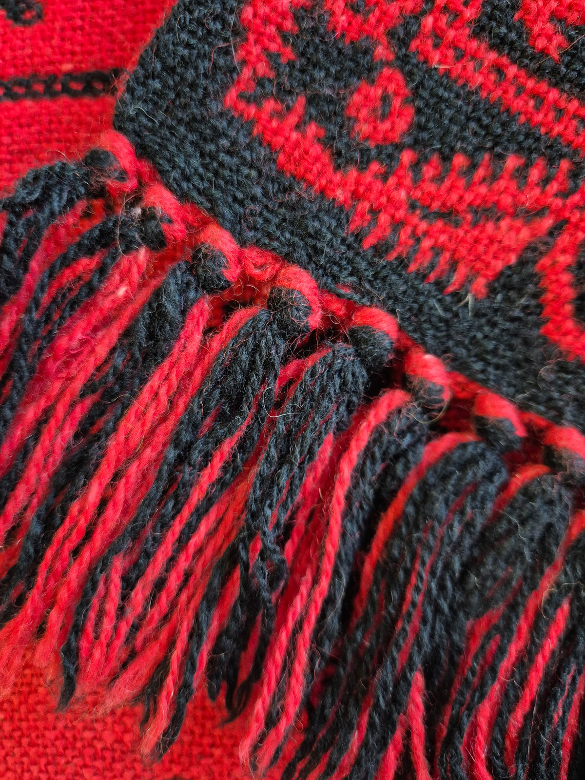1970s Finnish Täkänä Wool Wall Hanging – Red & Black Double Weave, Midcentury Textile Art