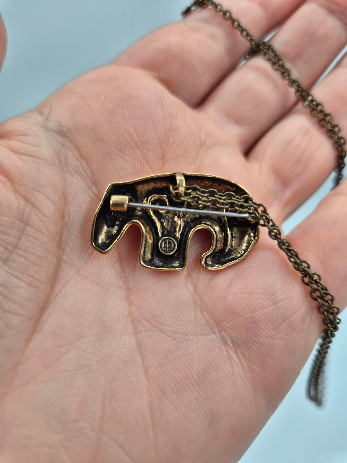 Kalevala Koru, Kalevankarhu, Bronze Bear Pendant Brooch, Vintage Finnish Jewelry, Bear Necklace, 60 cm Chain