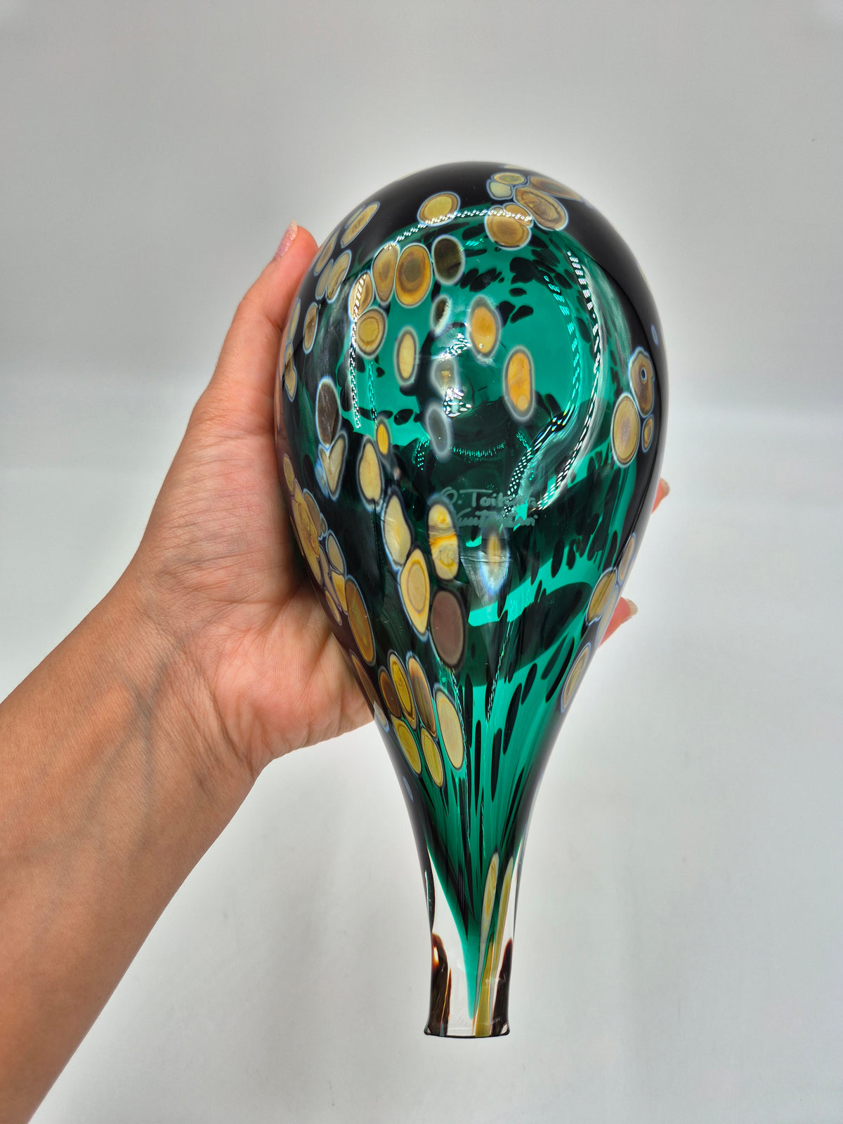 Signed Oiva Toikka Pekkasiini Green Glass Bird, Nuutajärvi 1993–1994