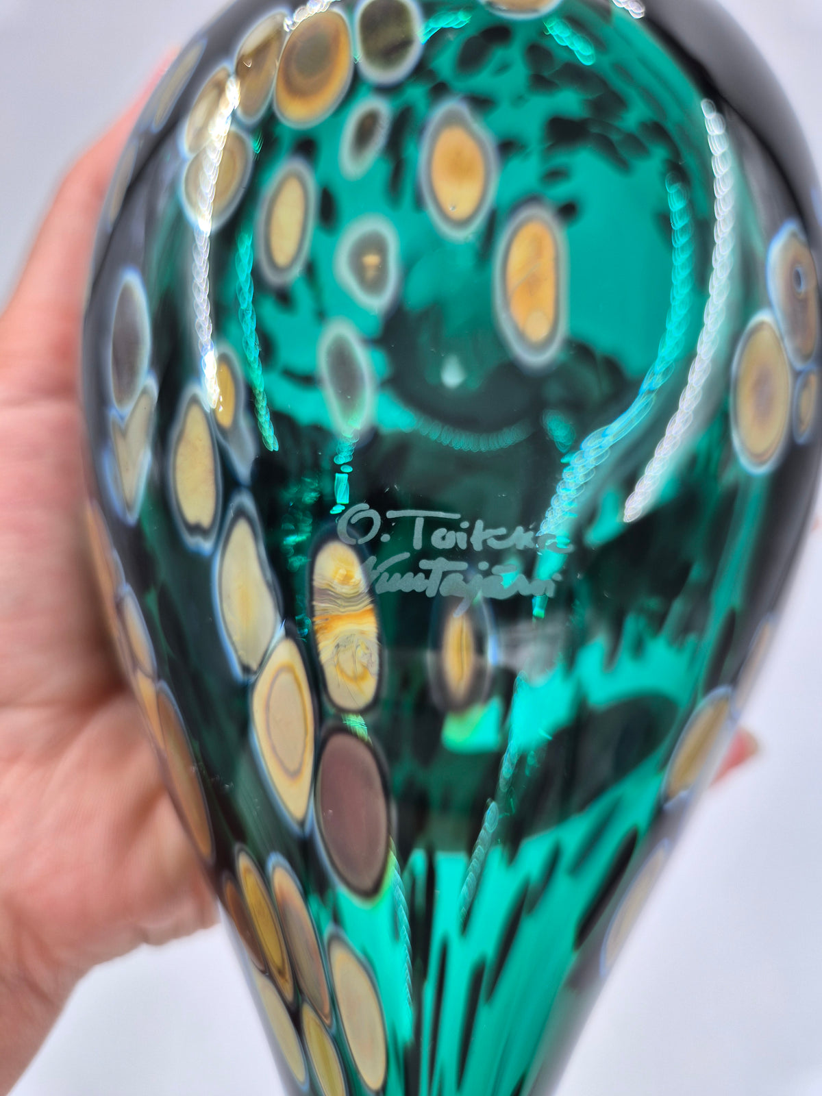 Signed Oiva Toikka Pekkasiini Green Glass Bird, Nuutajärvi 1993–1994