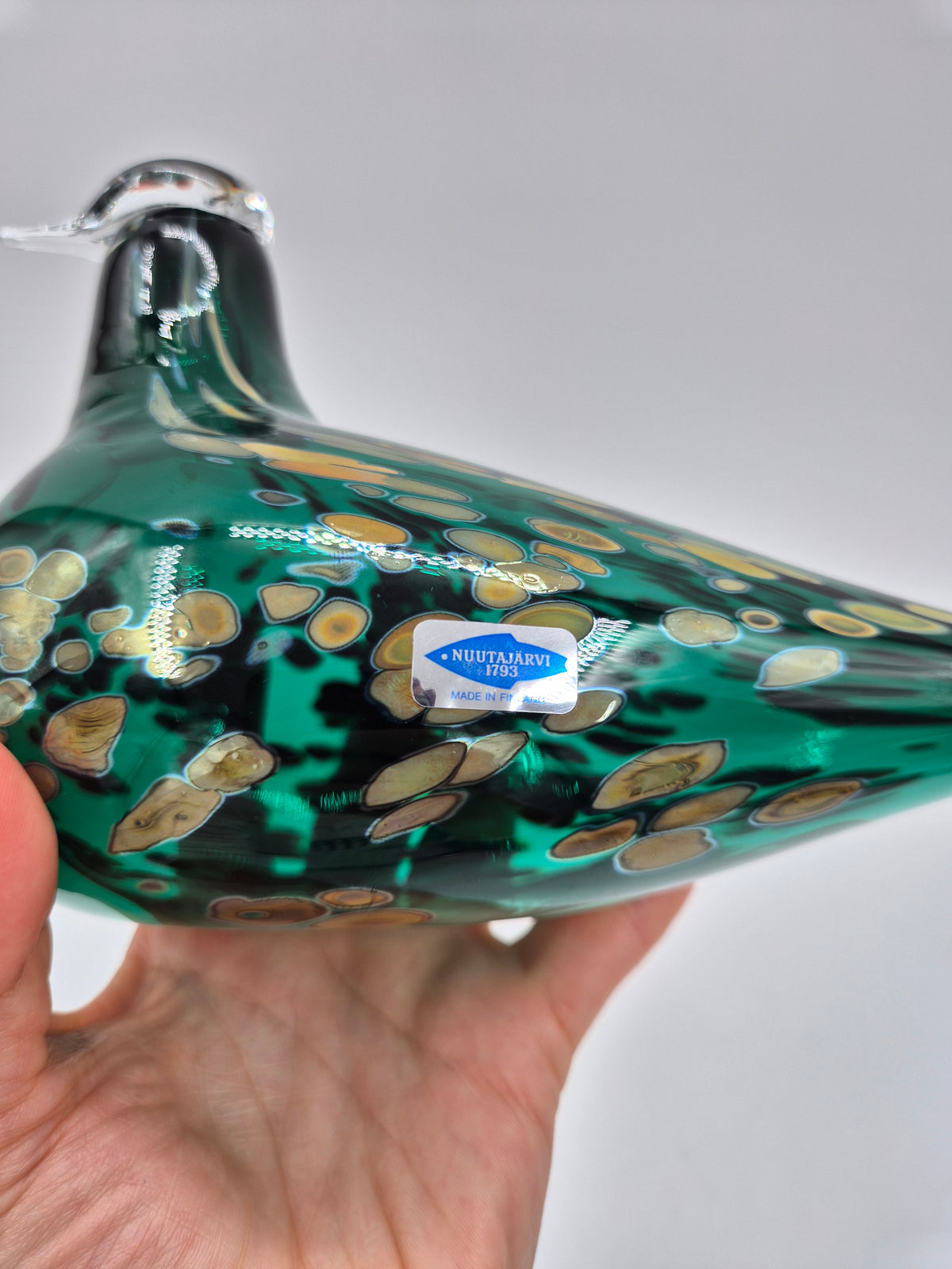 Signed Oiva Toikka Pekkasiini Green Glass Bird, Nuutajärvi 1993–1994