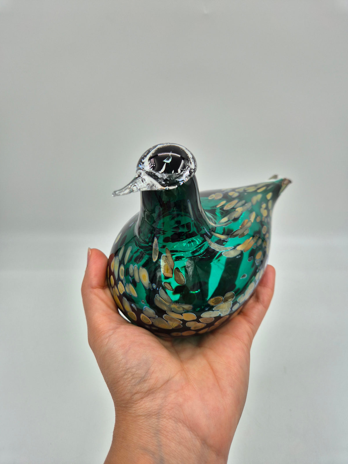Signed Oiva Toikka Pekkasiini Green Glass Bird, Nuutajärvi 1993–1994