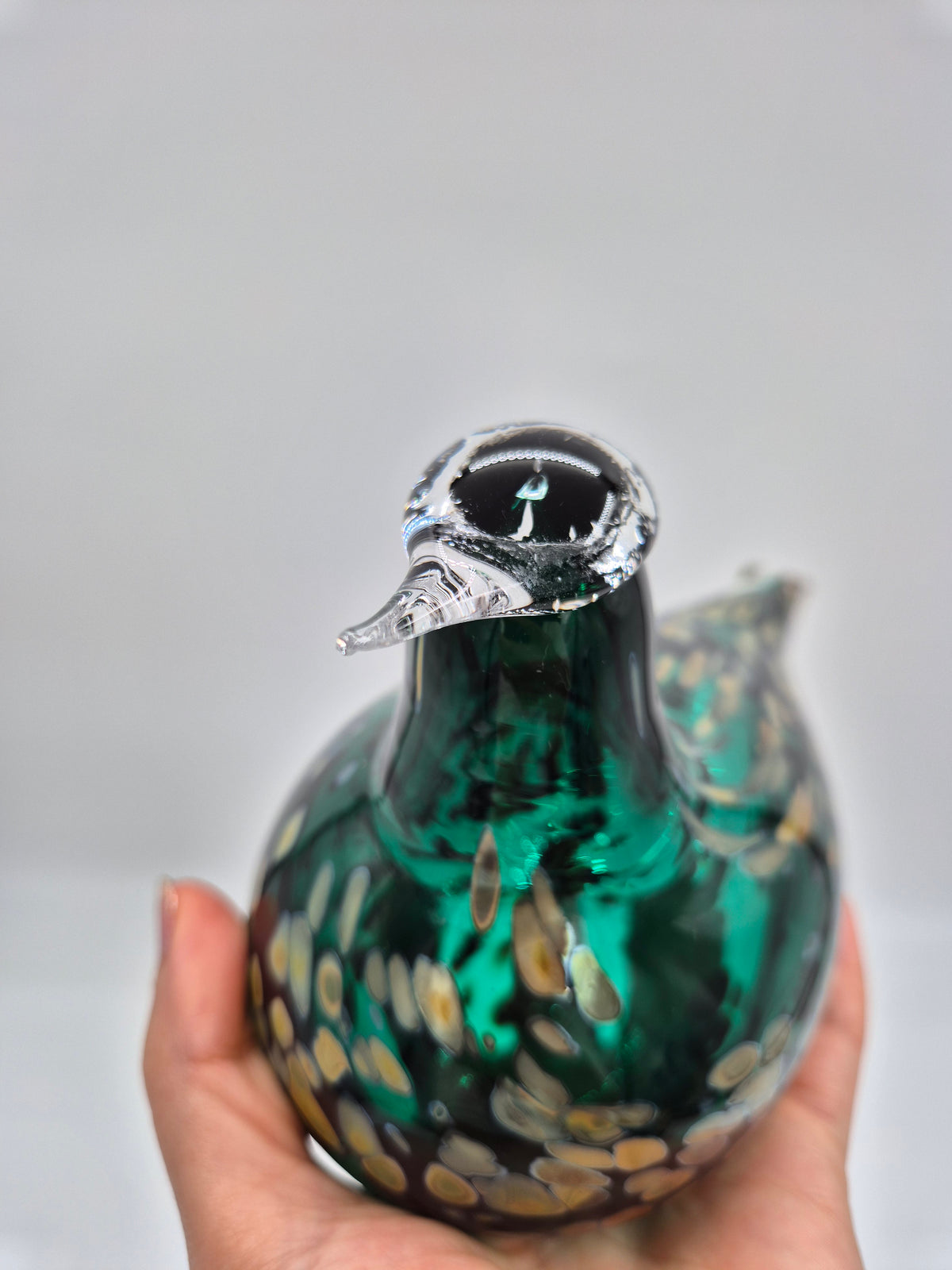 Signed Oiva Toikka Pekkasiini Green Glass Bird, Nuutajärvi 1993–1994