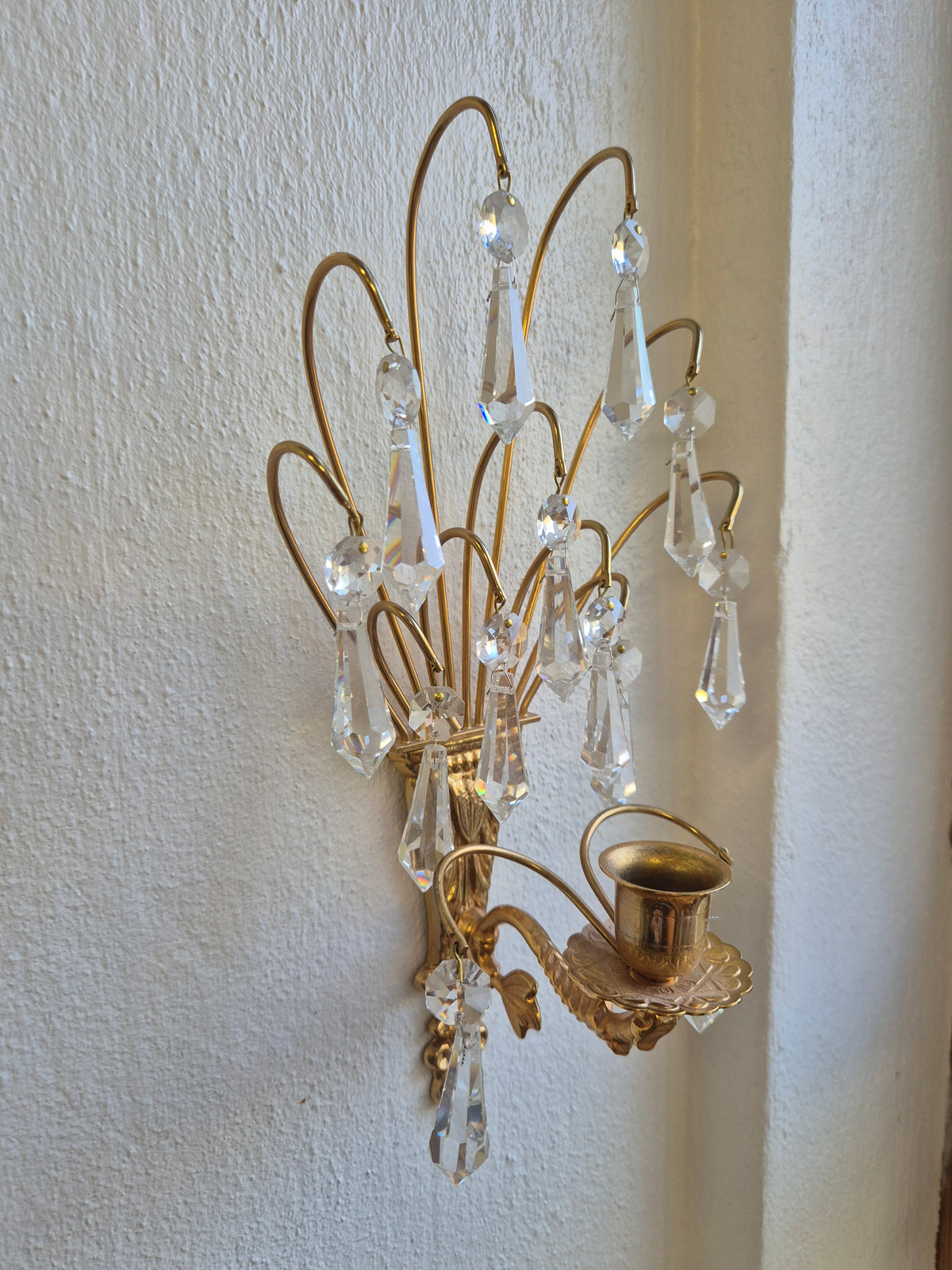 Turun Kristalli Vintage Crystal Wall Candle Holders, Pair, Gold-Plated Brass