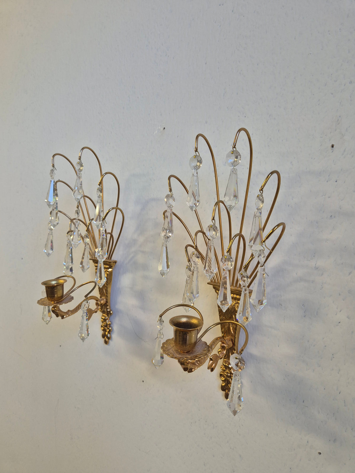 Turun Kristalli Vintage Crystal Wall Candle Holders, Pair, Gold-Plated Brass