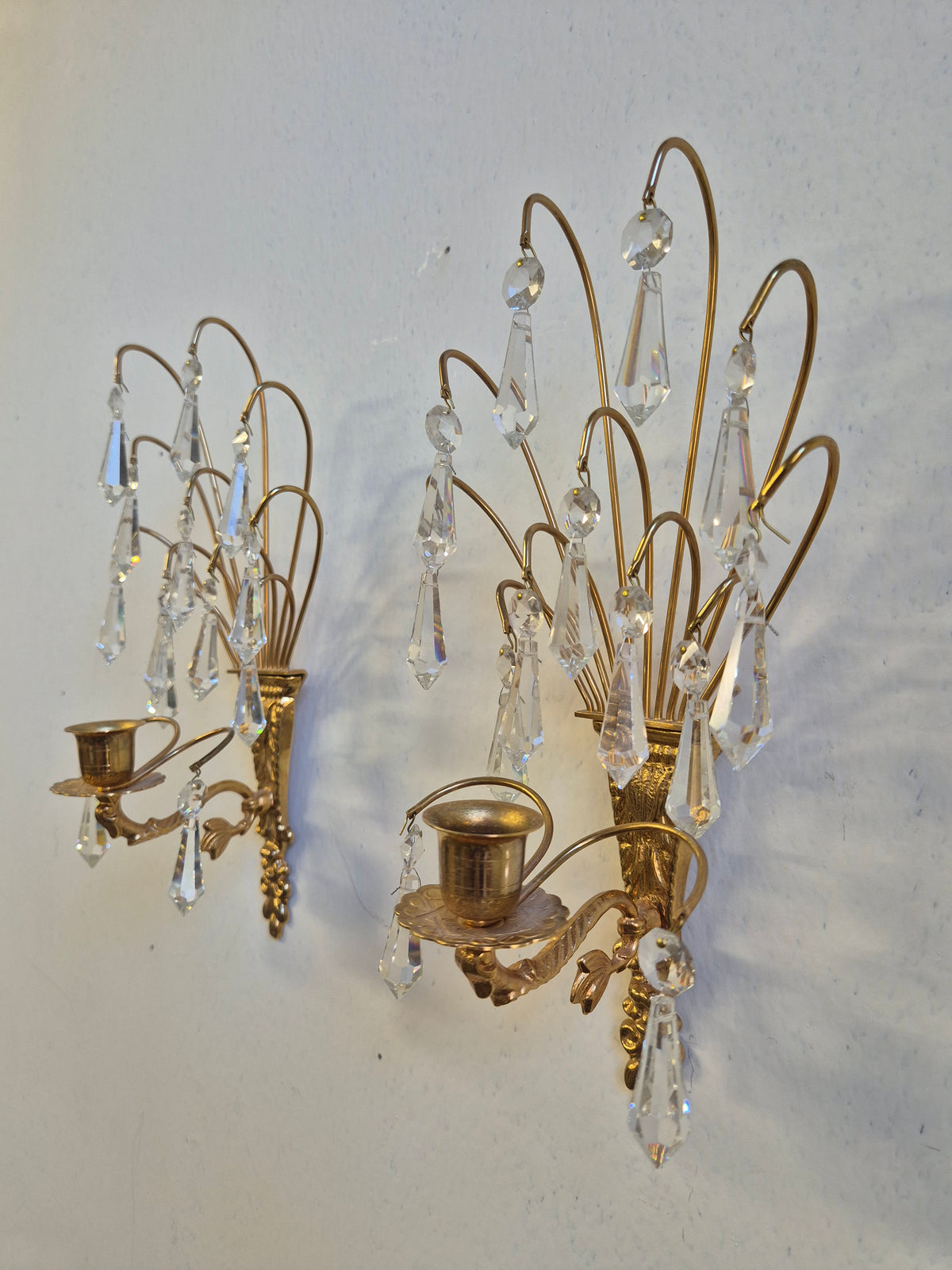 Turun Kristalli Vintage Crystal Wall Candle Holders, Pair, Gold-Plated Brass