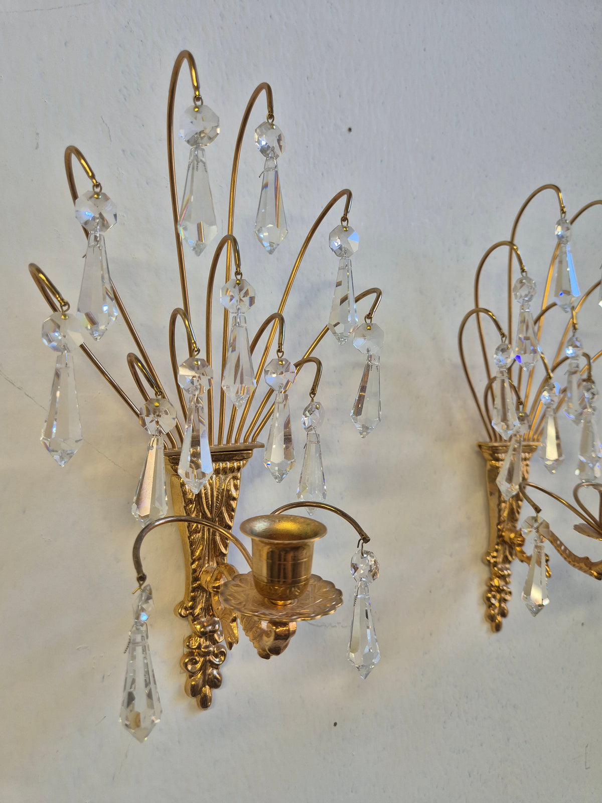 Turun Kristalli Vintage Crystal Wall Candle Holders, Pair, Gold-Plated Brass