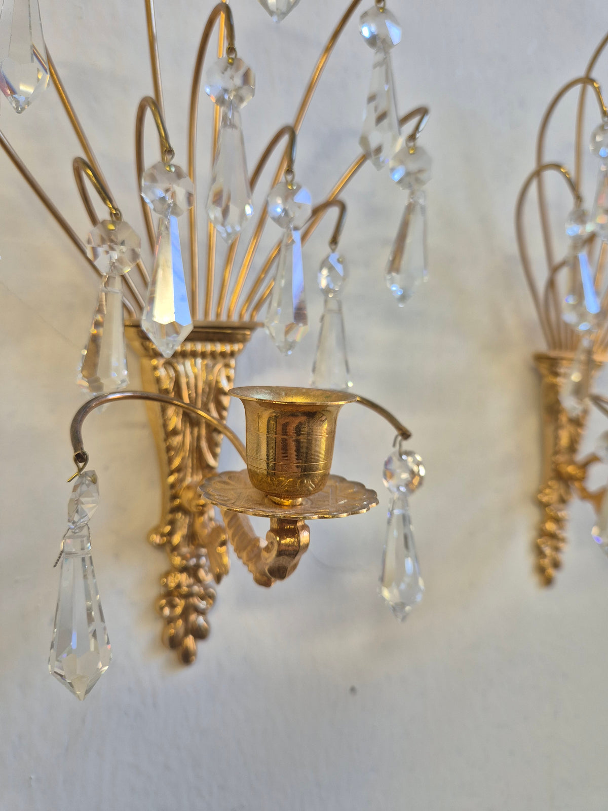Turun Kristalli Vintage Crystal Wall Candle Holders, Pair, Gold-Plated Brass