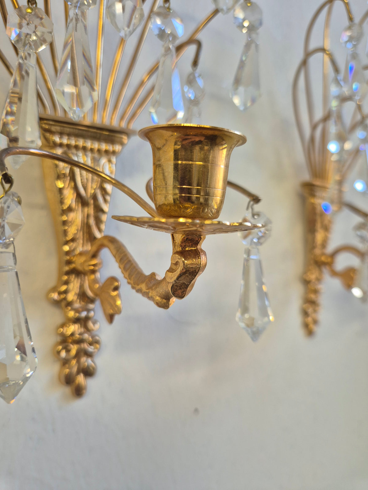 Turun Kristalli Vintage Crystal Wall Candle Holders, Pair, Gold-Plated Brass