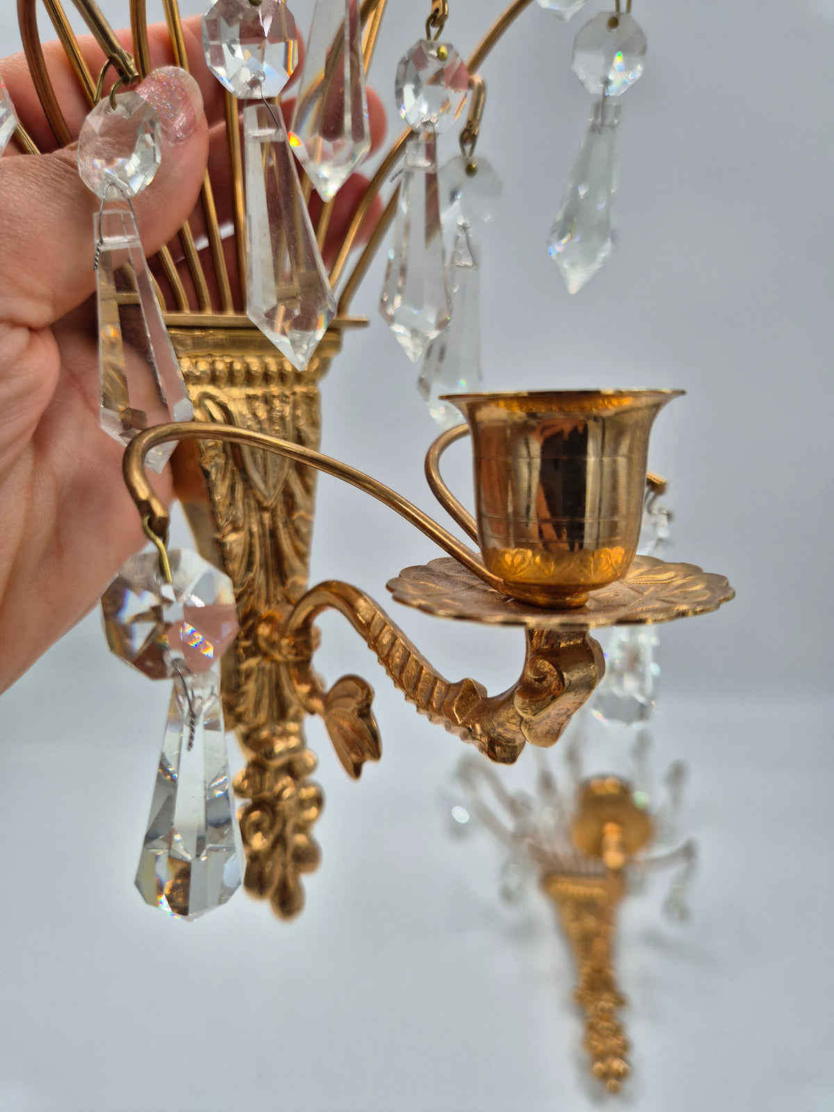 Turun Kristalli Vintage Crystal Wall Candle Holders, Pair, Gold-Plated Brass