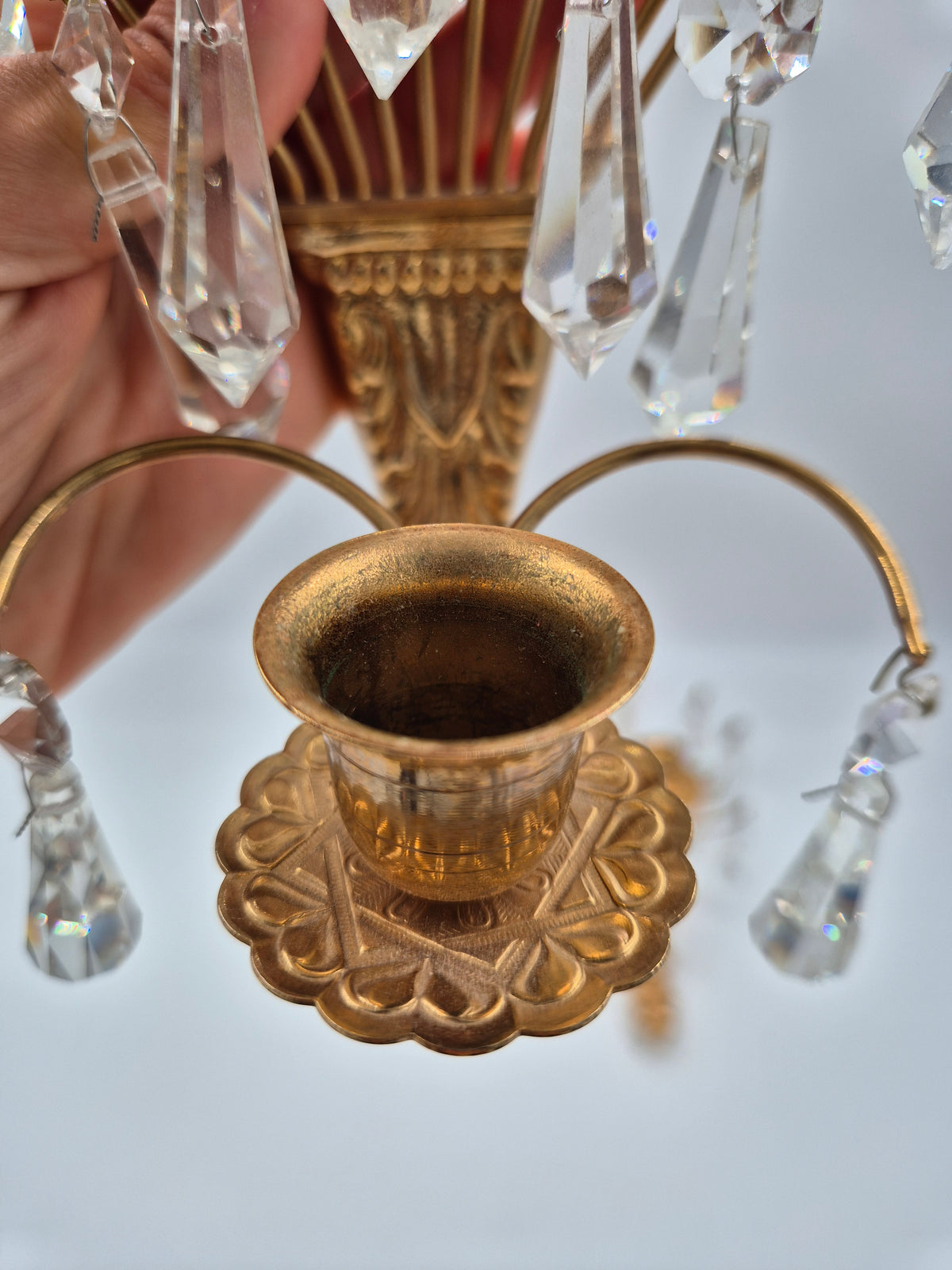 Turun Kristalli Vintage Crystal Wall Candle Holders, Pair, Gold-Plated Brass