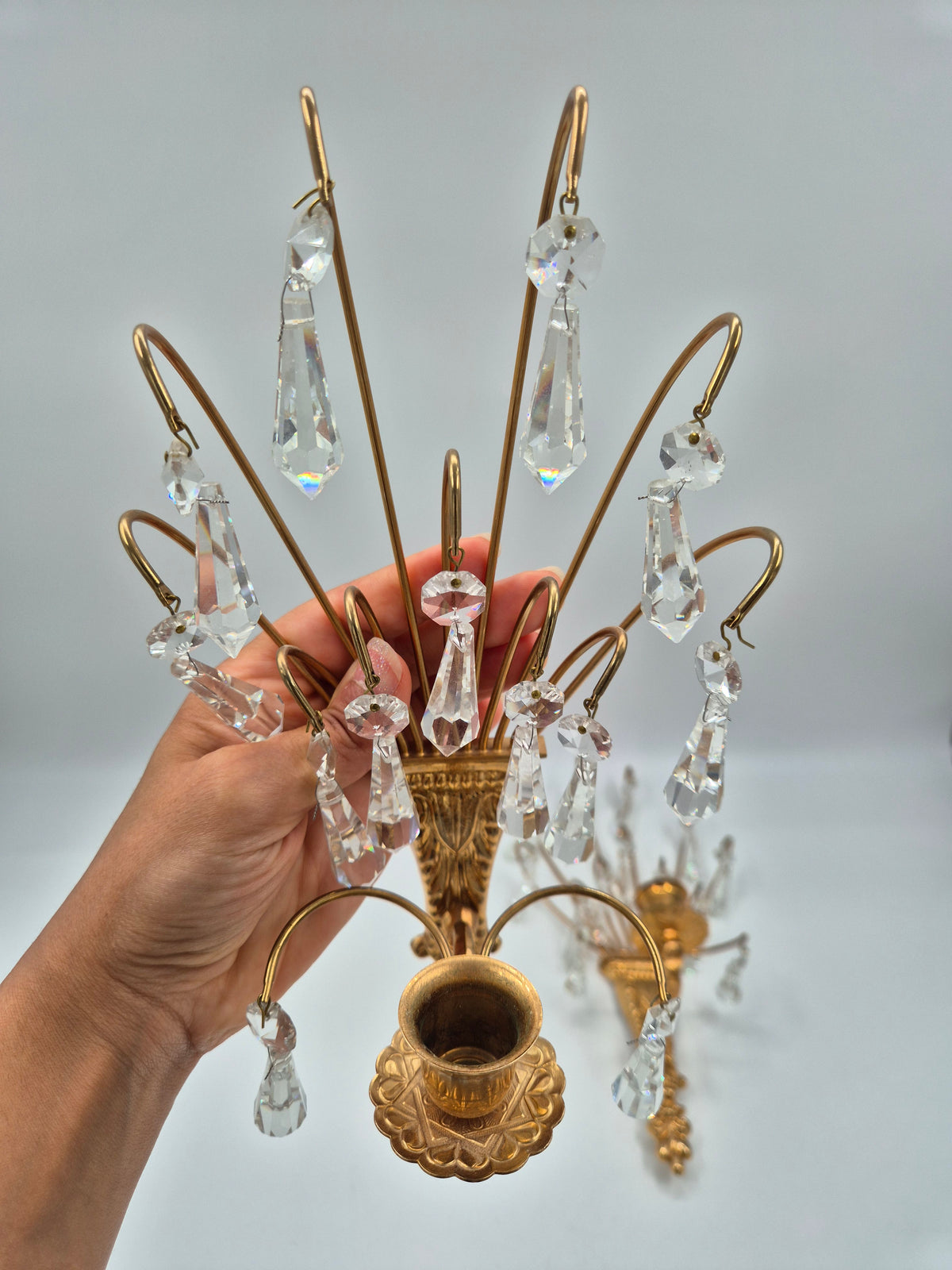 Turun Kristalli Vintage Crystal Wall Candle Holders, Pair, Gold-Plated Brass