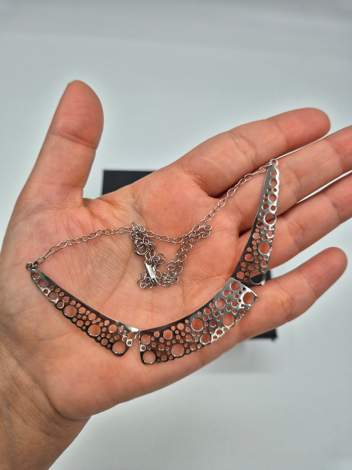 Liisa Vitali Silver Bubble Necklace, Finnish Designer Jewellery, Openwork Statement Necklace with Original Box
