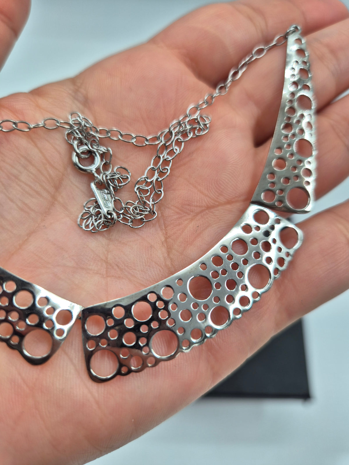 Liisa Vitali Silver Bubble Necklace, Finnish Designer Jewellery, Openwork Statement Necklace with Original Box