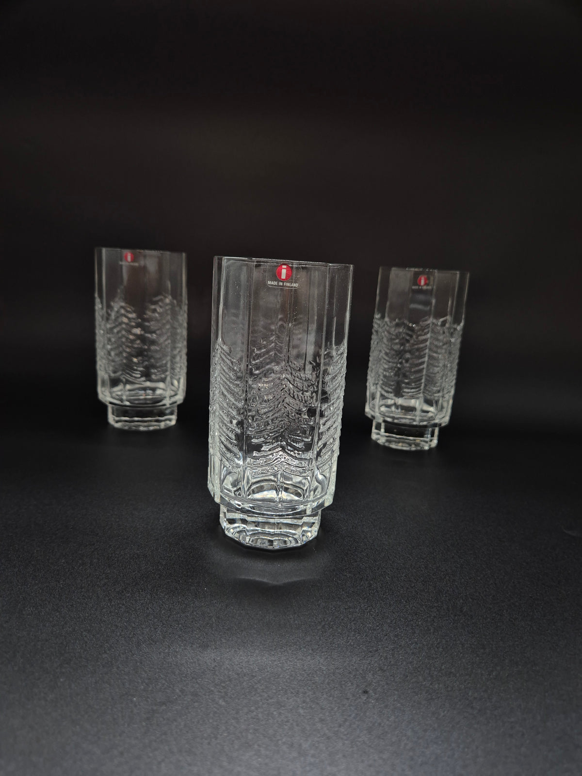 Set of 4 vintage Iittala Kuusi Drinking Glasses, Jorma Vennola Finnish Glassware, Scandinavian Tree Pattern Tumblers