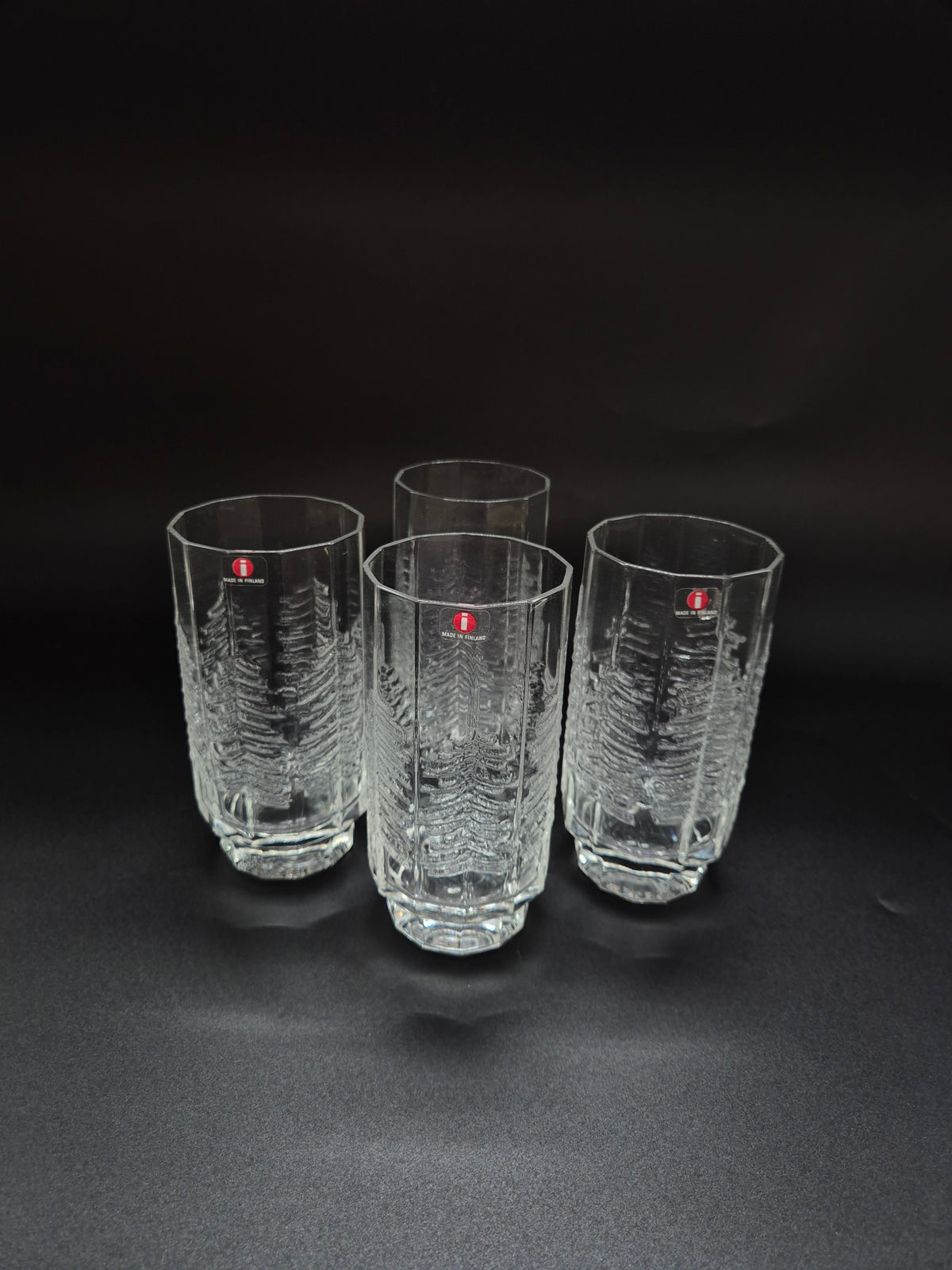 Set of 4 vintage Iittala Kuusi Drinking Glasses, Jorma Vennola Finnish Glassware, Scandinavian Tree Pattern Tumblers