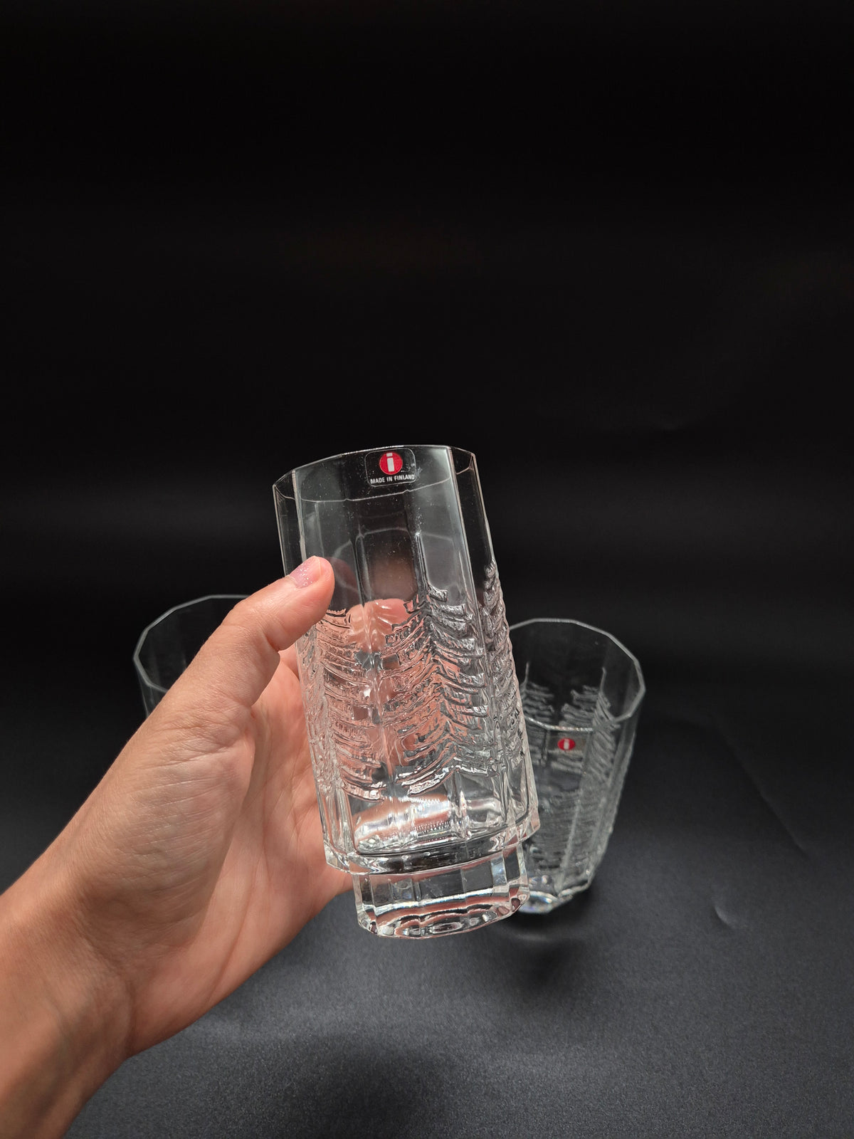 Set of 4 vintage Iittala Kuusi Drinking Glasses, Jorma Vennola Finnish Glassware, Scandinavian Tree Pattern Tumblers